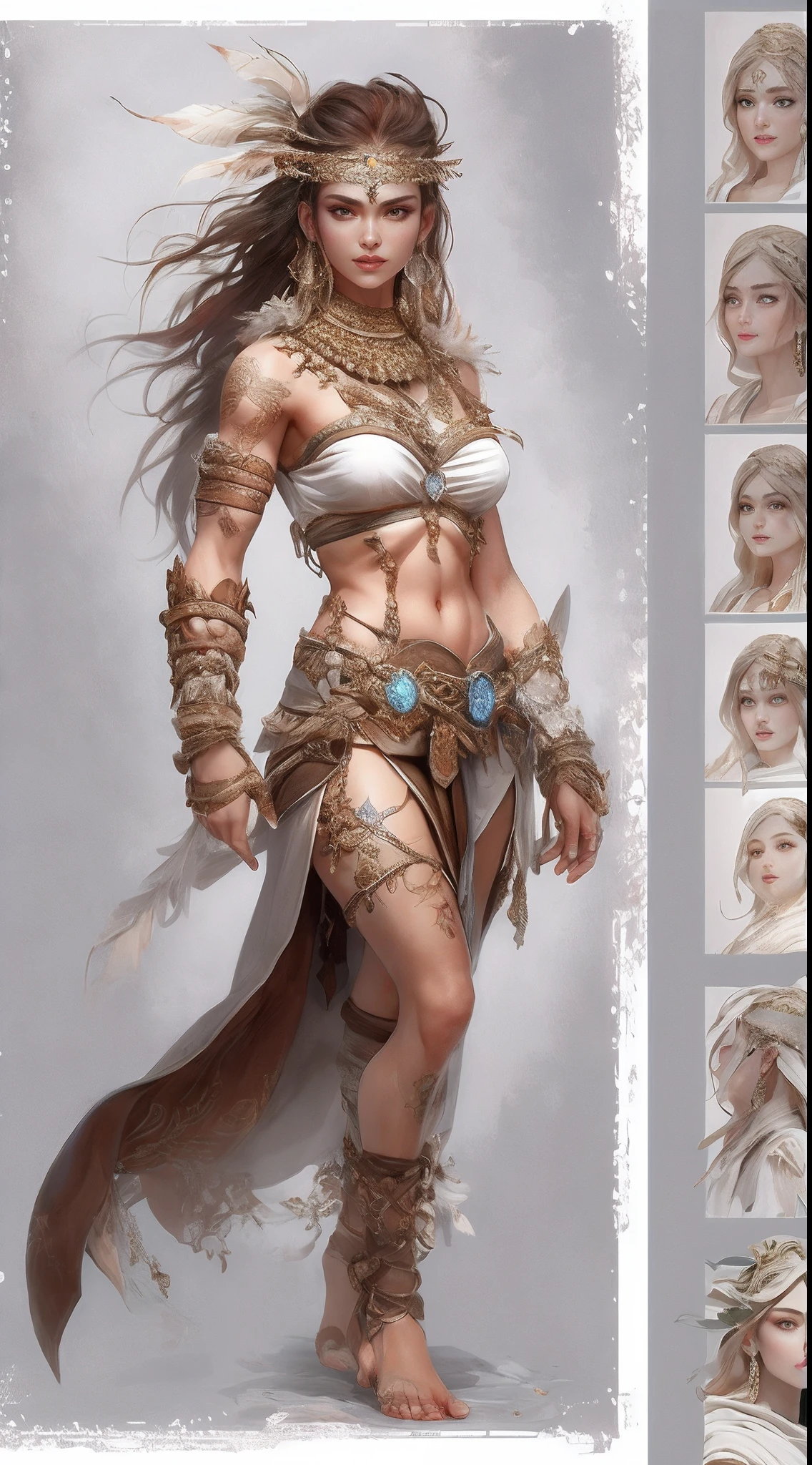 1 beautiful woman、Full body like,Primitive barbarian style,highly details eye、Detailed beautiful face,Full body standing painting,dynamicposes,white backgrounid,tmasterpiece,best qualtiy,Best resolution,8K,