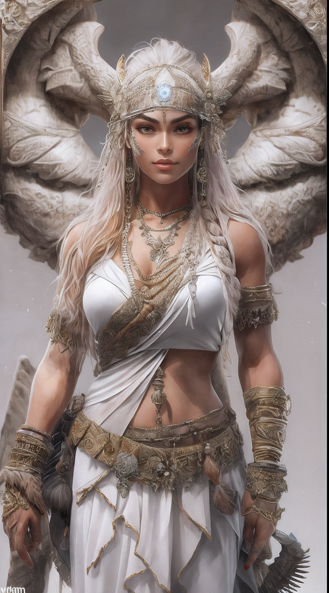 1 beautiful woman、Full body like，Primitive barbarian style，highly details eye、Detailed beautiful face，Full body standing painting，dynamicposes，white backgrounid，tmasterpiece，best qualtiy，Best resolution，8K，