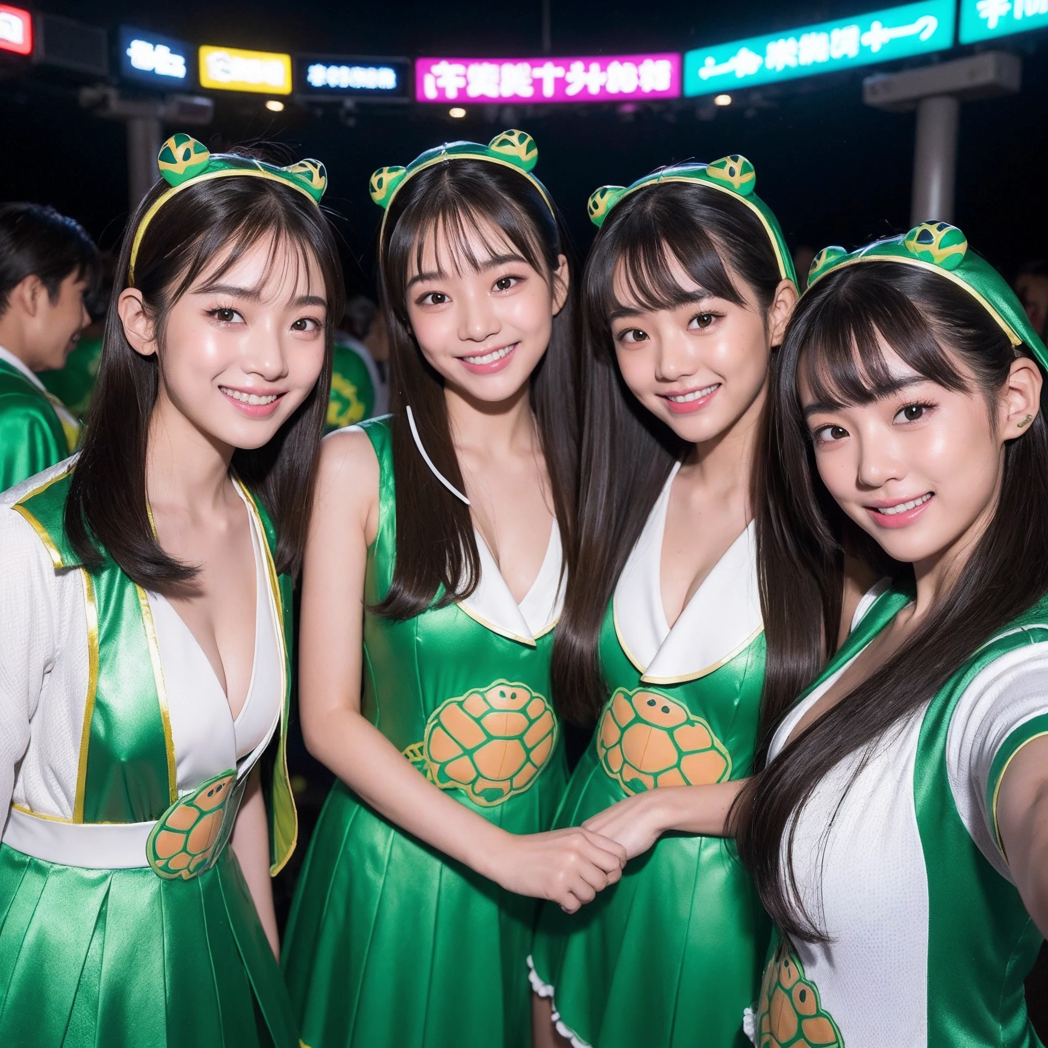 (8K、RAW Photos、top-quality、​masterpiece:1.5)、(realisitic、Photorealsitic:1.5)、ultra-detailliert、超A high resolution、lighting like a movie、(((Idols who love turtles)))、(((Japan 16 year old girls)))、(((Wearing a cute costume with a turtle motif)))、(Lots of turtles:1.5)、cute smile face、Happy and energetic atmosphere、dynamic ungle、动态照明