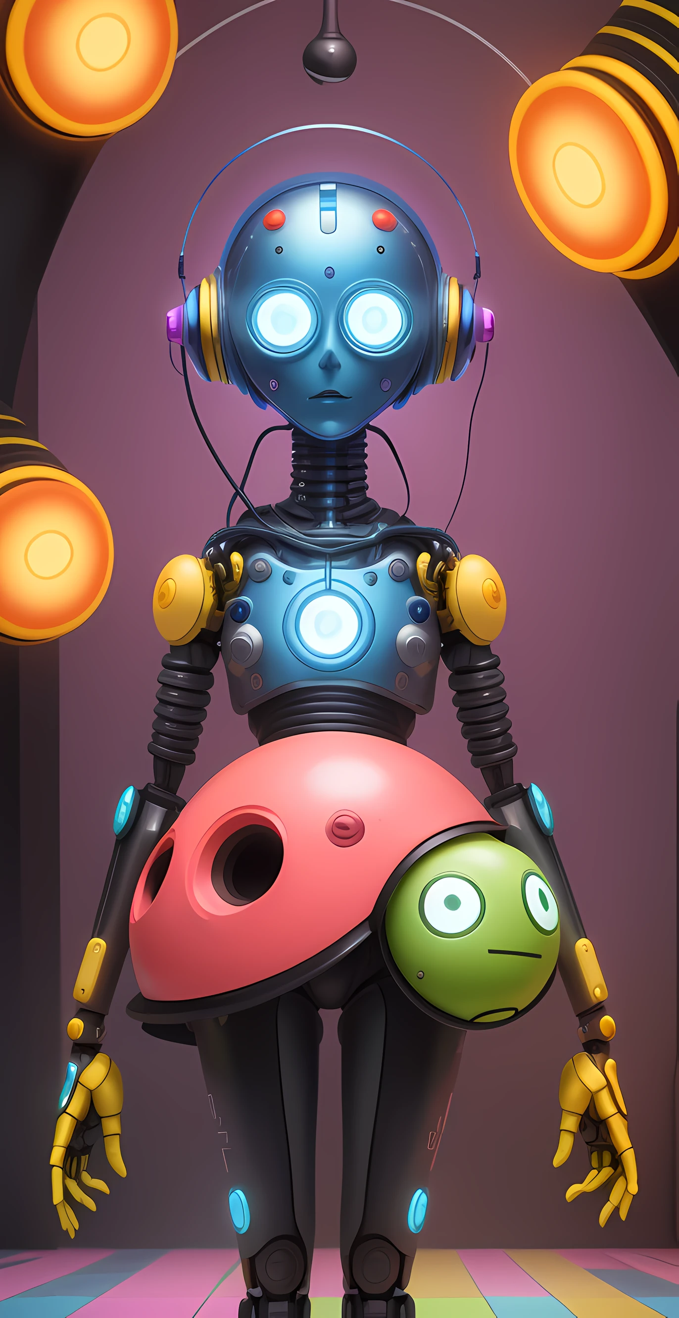 Self-portrait of a robot with a body with colorful energy ciruitos and an android helmet, Based on Wizard of Oz, inspirado em Friedensreich Hundertwasser, inspirado em Hundertwasser, inspirado em Pierre Alechinsky, imagem digital minimalista ultra realista,
