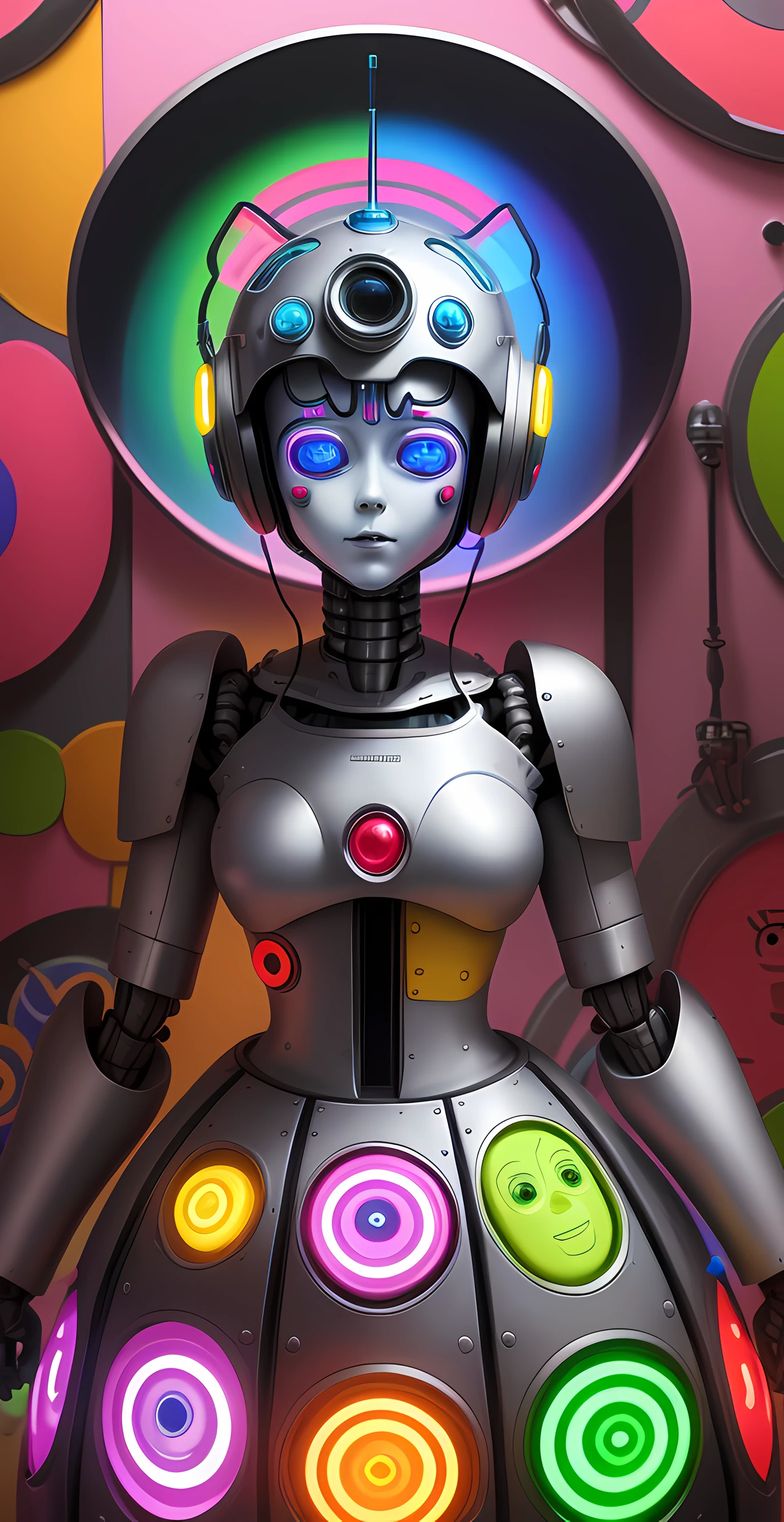 Self-portrait of a robot with a body with colorful energy ciruitos and an android helmet, Based on Wizard of Oz, inspirado em Friedensreich Hundertwasser, inspirado em Hundertwasser, inspirado em Pierre Alechinsky, imagem digital minimalista ultra realista,