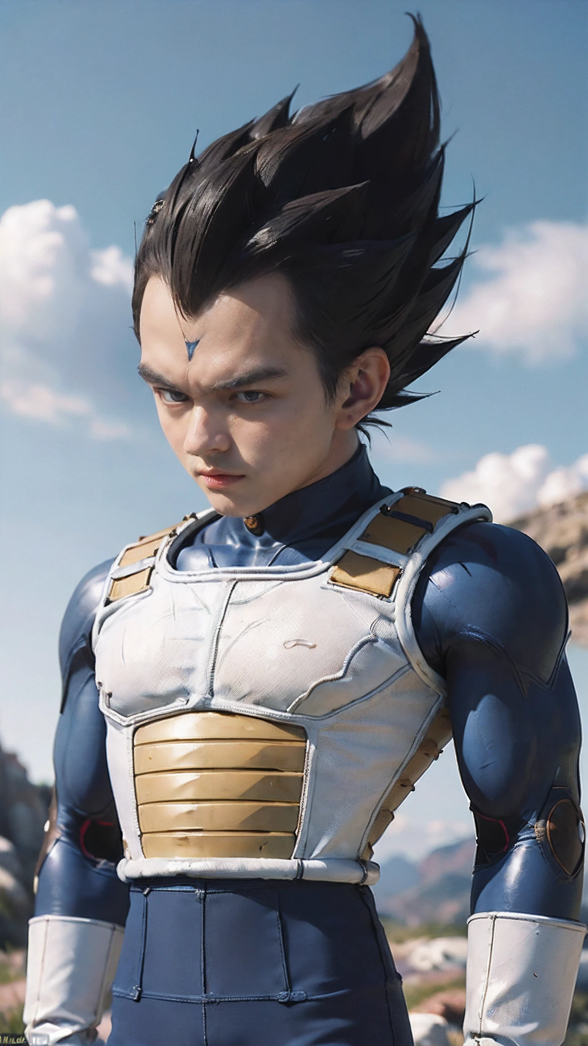 ((masterpiece:1.4, best quality)), ((masterpiece, best quality,8K)), (photo realistic:1.4), (cowboy shot, solo, male focus, 1boy, vegeta, serious, looking at viewer, black spiked hair, black eyes, armor, enamel bodysuit, white gloves), (rocky ground, rocky mountain, sky), professional lighting, physically-based rendering