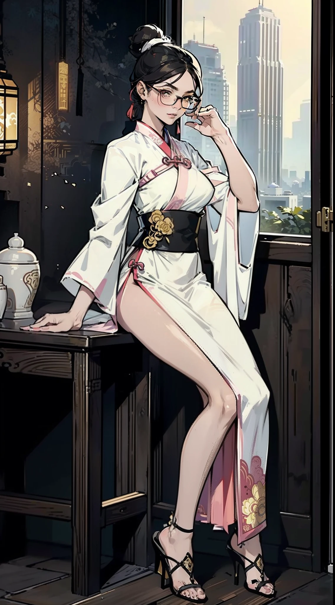 girl wearing spectacles,full bodyesbian,(Face details:1.2),tmasterpiece,Fashionab,Hanfu,Blue or white or yellow or pink ponytail or double ponytail or short or curly hair or long or curly hair,Doctor close-up, Has a glowing five-star rating, Their names, Photo, and the city in the background.,Large bust,rimless eyewears,Slim figure,Cute girl,Full body like,Hanfu,komono,Ancient Chinese streets,Dirty dark streets,high-heels,long leges,Sit in a chair or stand,Black or yellow or pink hanfu、Intricate pattern,Lots of details,tulle shawl,Fair skin,Pale skin