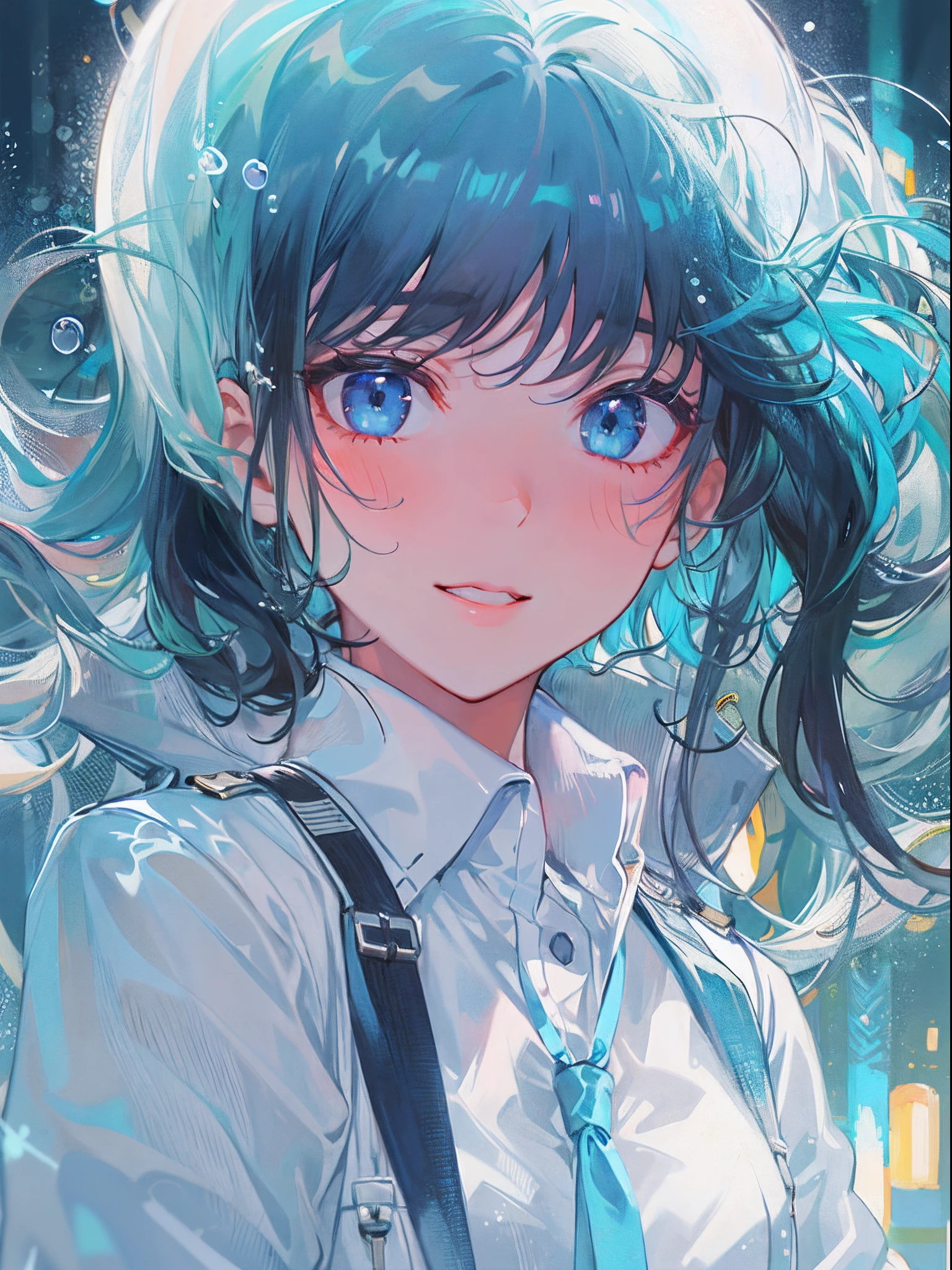 ((top-quality)), ((masterpiece)), ((ultra-detailliert)), (extremely delicate and beautiful), girl with, 独奏, cold attitude,((Black jacket)),She is very(relax)with the(Settled down)Looks,A dark-haired, depth of fields,evil smile,Bubble, under the water, Air bubble,bright light blue eyes,Inner color with black hair and light blue tips,Cold background,Bob Hair - Linear Art, shortpants、knee high socks、White uniform like school uniform、Light blue ribbon ties、Clothes are sheer、Hands in pockets、Ponytail hair