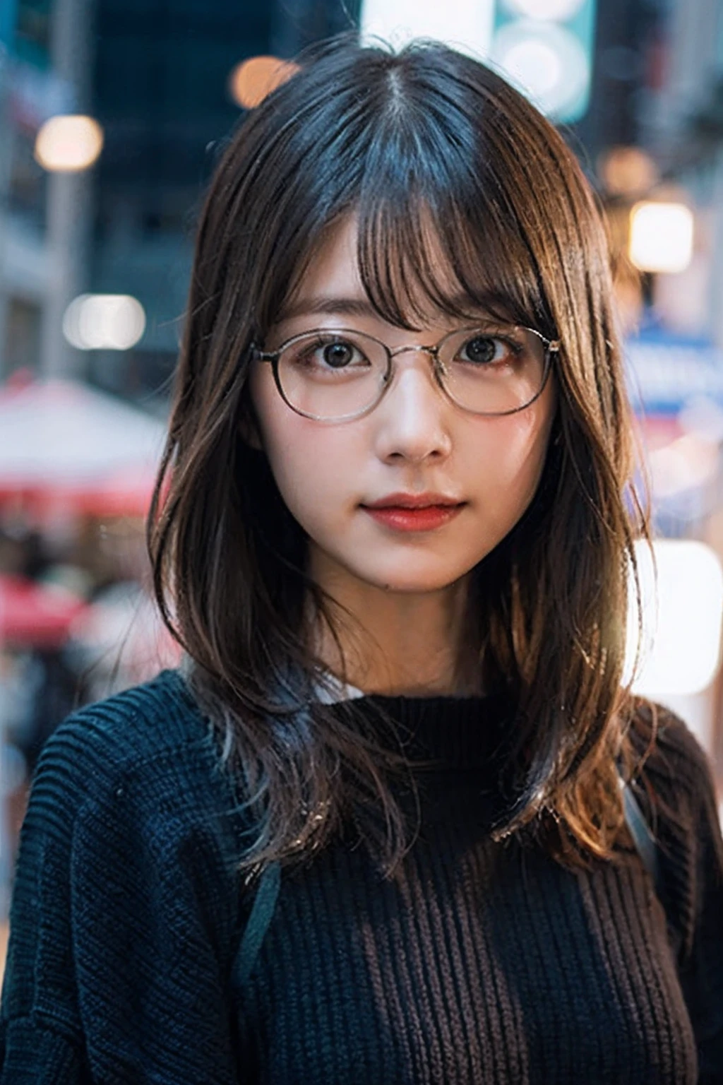 (8k、RAW Photos、Highest quality、masterpiece:1.2)、(Realistic、Photorealistic:1.37)、Ultra-detailed、Ultra-high resolution、1 girl、Seeing the viewer、Beautifully detailed face、Laughter、narrow、(Narrow waist) :1.3)、Chic autumn clothes、Beautifully detailed skin、Skin Texture、Floating Hair、((Curly Hair, Quirky hairstyle, Ahoge))、Professional Lighting、In front of the station at night、((Black square glasses ))、Human whole body、Brown Hair