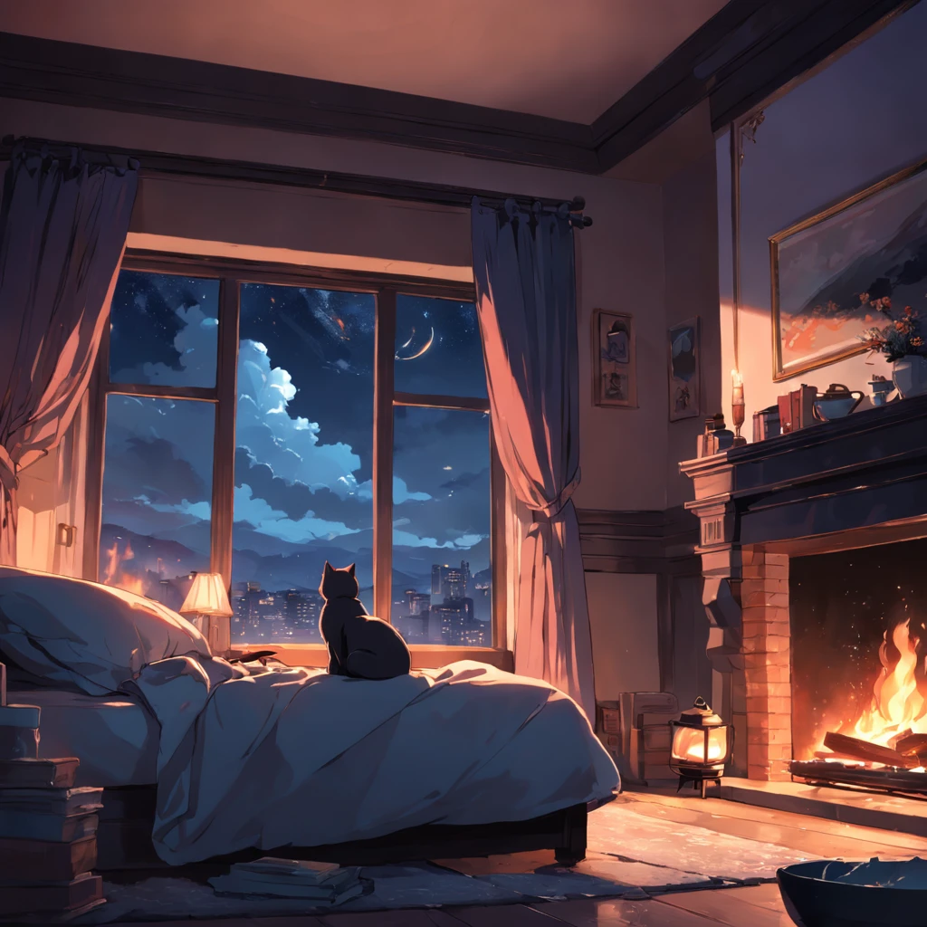 Fireplace at the end of the night, cat sleeping, Cup of tea with steam, Beautiful landscape window