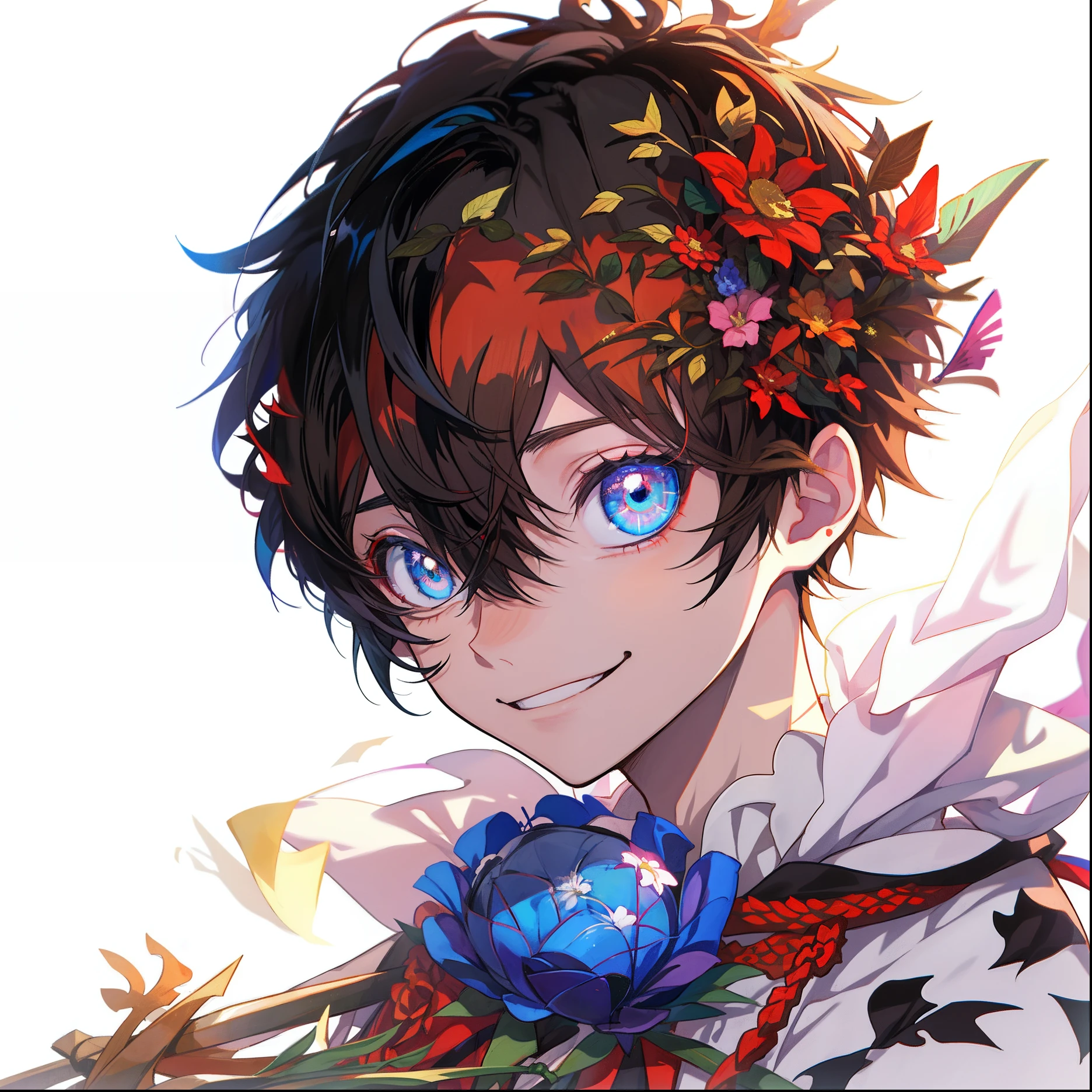 Anime boy with black hair and a flower in his hand, inspirado em Okumura Masanobu, handsome guy in demon killer art, Anime handsome man, grimgar, Kirito, Tall anime guy with blue eyes, male anime character, inspired by Okumura Togyu, black-haired mage, young anime man,Laugh sunny