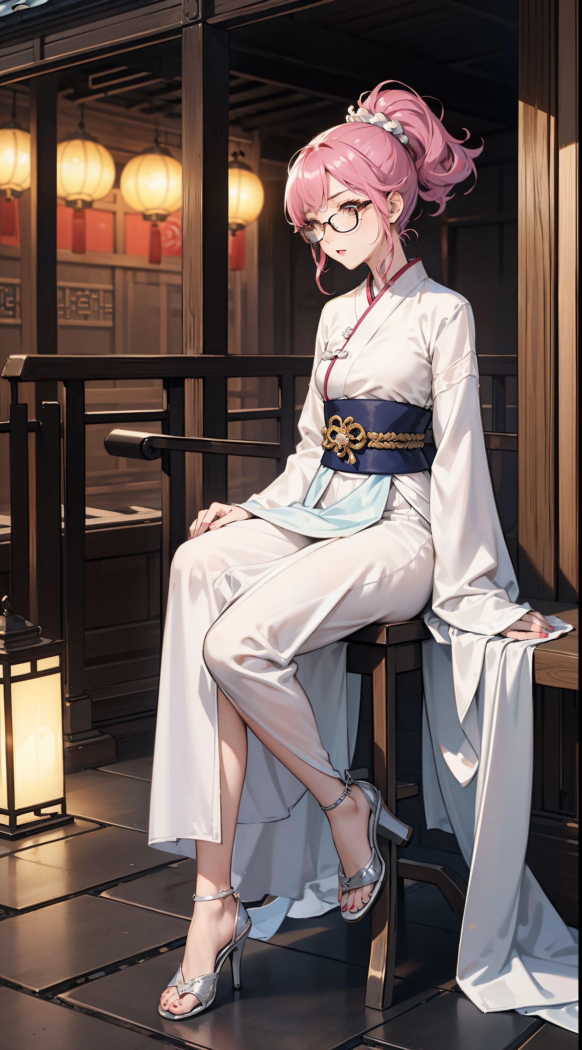 girl wearing spectacles,full bodyesbian,(Face details:1.2),tmasterpiece,Fashionab,Hanfu,Blue or white or yellow or pink ponytail or double ponytail or short or curly hair or long or curly hair,Doctor close-up, Has a glowing five-star rating, Their names, Photo, and the city in the background.,Large bust,rimless eyewears,Slim figure,Cute girl,Full body like,Hanfu,komono,Ancient Chinese streets,Dirty dark streets,high-heels,long leges,Sit in a chair or stand,Black or yellow or pink hanfu、Intricate pattern,Lots of details,tulle shawl,Fair skin,Pale skin