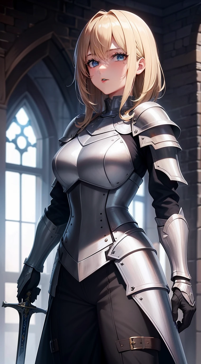 (from below:1.4), (platinum armor, detailed engraving, engraved breastplate:1.2), masterpiece, best quality, absurdres, beautiful lady, cowboy shot, looking at viewer, medieval, very angry, blonde hair, bottomless, thighs focus, punishment cell, dungeon, dark stonework room, night, highres, ultra detailed, finely detail, detailed eyes and face and skin, sharp pupils, realistic pupils, sharp focus, slightly light