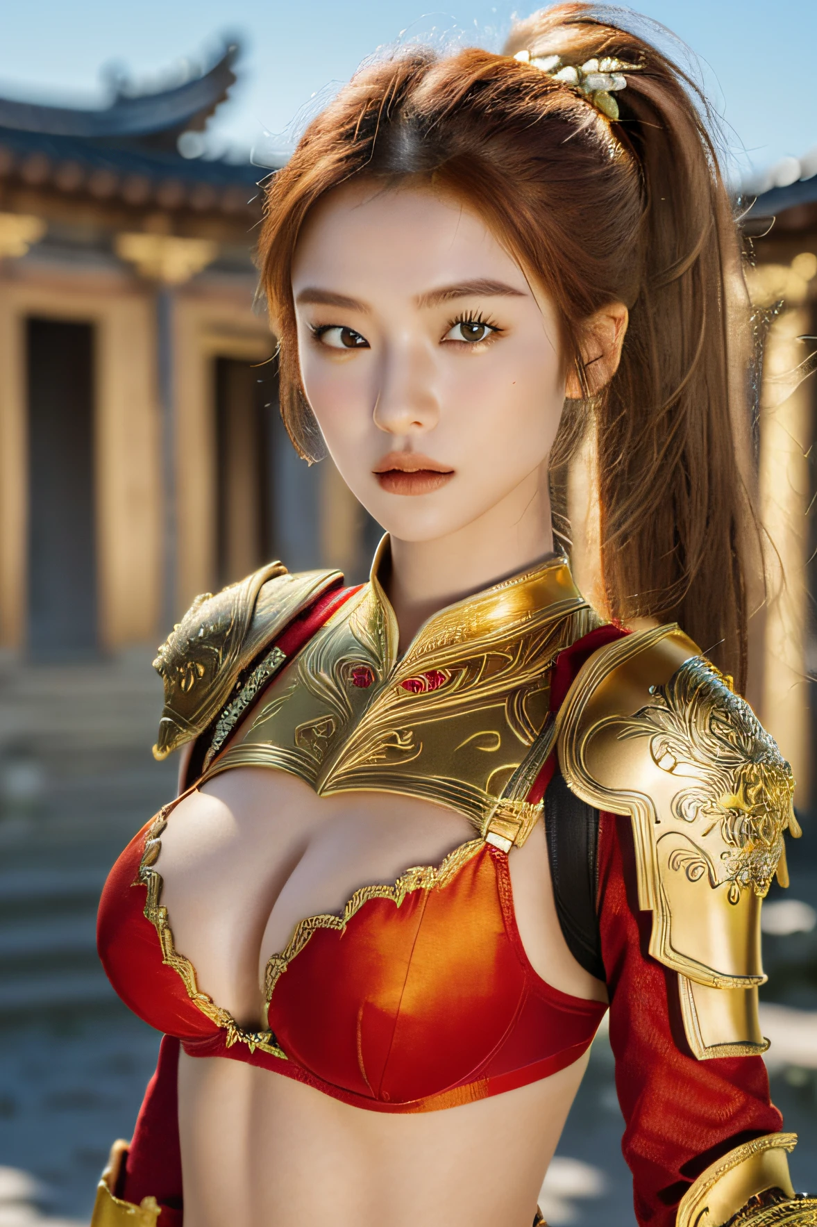 18 year old girl, korean, (8K, best quality:1.2), (masterpiece:1.37), (photo, photorealistic:1.37), (ultrahigh-res), full body, walking pose, shot from front, slow motion, female paladin wearing body armour, (half armour), (golden and red accent armour:1.2),(ornately decorated armor), (show orange bra), (insanely detailed, bloom:1.5), (highest quality, concept art, 4k), (analog:1.2), (high sharpness), (detailed pupils:1.1), detailed face and eyes, Masterpiece, best quality, (highly detailed photo:1.1), (long blonde Hair, ponytail,ecstatic:1.1), (young woman:1.1), sharp, (perfect body:1.1), realistic, real shadow, 3d, (temple background:1.2), photographed by Canan EOS R6, 135mm, 1/1250s, f/2.8, ISO 400, (brown hair, red highlight hair, ponytail), (face front), model pose, (show breasts), orange bra