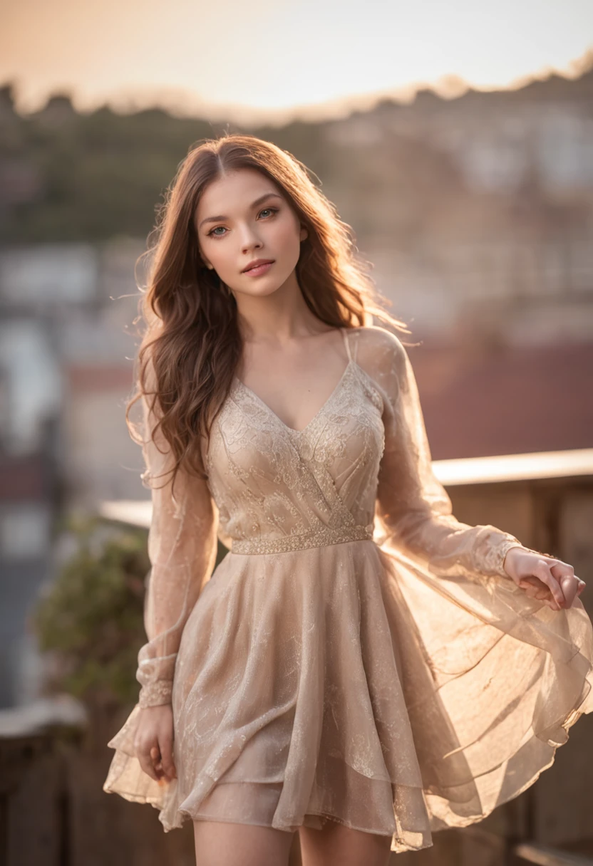 A woman in a short sheer-dress, standing on a balcony wide legged, the sun setting behind her and the wind blowing her skirt up. sun is shining through the sheer-dress
