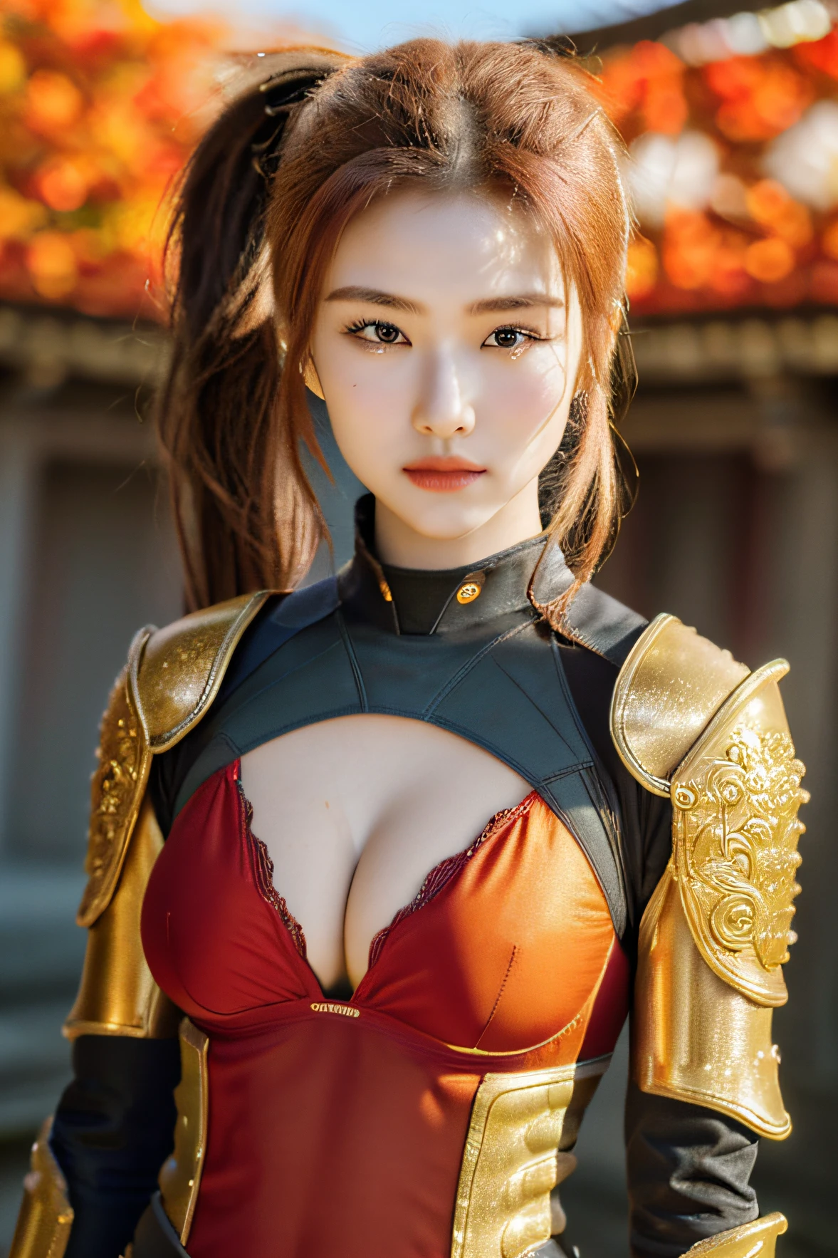 18 year old girl, korean, (8K, best quality:1.2), (masterpiece:1.37), (photo, photorealistic:1.37), (ultrahigh-res), full body, walking pose, shot from front, slow motion, female paladin wearing body armour, (half armour), (golden and red accent armour:1.2),(ornately decorated armor), (show orange bra), (insanely detailed, bloom:1.5), (highest quality, concept art, 4k), (analog:1.2), (high sharpness), (detailed pupils:1.1), detailed face and eyes, Masterpiece, best quality, (highly detailed photo:1.1), (long blonde Hair, ponytail,ecstatic:1.1), (young woman:1.1), sharp, (perfect body:1.1), realistic, real shadow, 3d, (temple background:1.2), photographed by Canan EOS R6, 135mm, 1/1250s, f/2.8, ISO 400, (brown hair, red highlight hair, ponytail), (face front), model pose, (show breasts), orange bra