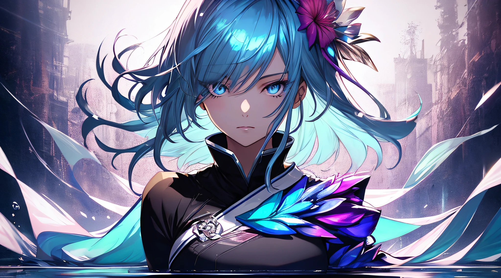 (masterpiece), (best quality), (ultra detailed),(disheveled hair),(illustration), (1girl), (Fashionable clothing), standing, Fashion model, looking at viewer, (interview), (simple background),beautiful detailed eyes, delicate beautiful face, Floating,(high saturation),(colorful splashes),colorful bubble,(shining), focus on face, kamisato ayaka, light blue hair, bangs, hair ring, floating flowers, floating hairs.Girl, anime waifu, looking at viewer, highlydetailed, reflections transparent iridescent colors, long transparent iridescent RGB hair, artby Serafleur from artstation, thick acrylic,illustration on pixiv, waist up portrait, gorgeoussacred girl, best quality, ultra detailed,sad,clever,beautiful face , beautiful lighton black background, Character stvle renderedby Octane,