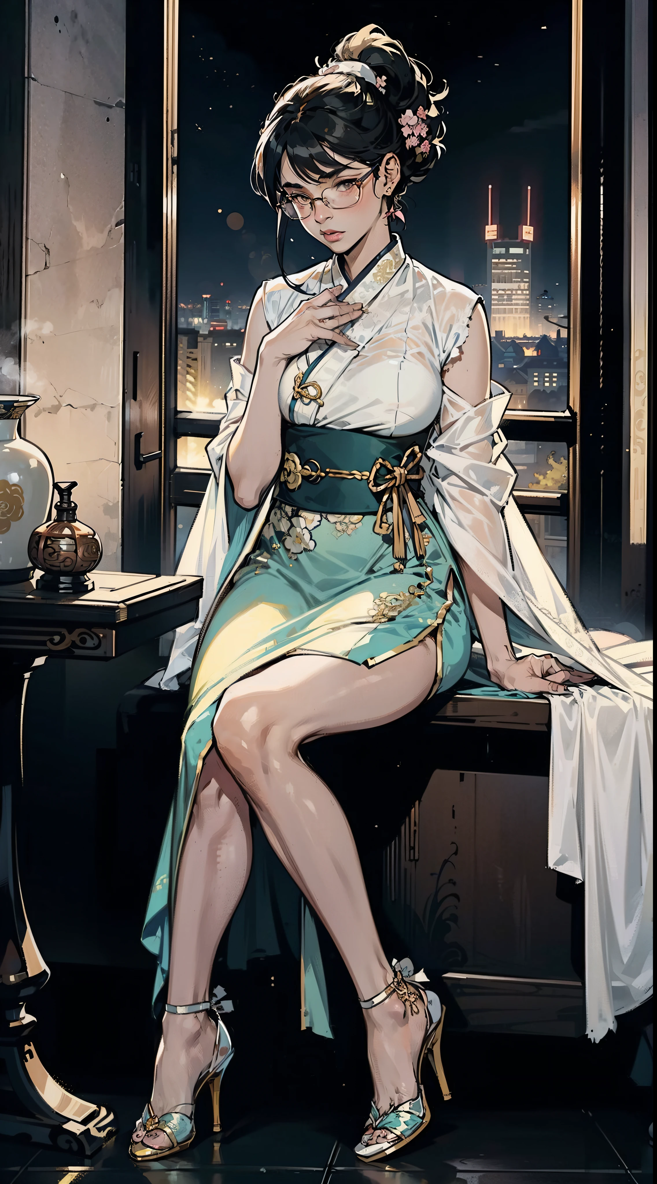 girl wearing spectacles,full bodyesbian,(Face details:1.2),tmasterpiece,Fashionab,Hanfu,Blue or white or yellow or pink ponytail or double ponytail or short or curly hair or long or curly hair,Doctor close-up, Has a glowing five-star rating, Their names, Photo, and the city in the background.,Large bust,rimless eyewears,Slim figure,Cute girl,Full body like,Hanfu,komono,Ancient Chinese streets,Dirty dark streets,high-heels,long leges,Sit in a chair or stand,Black or yellow or pink hanfu、Intricate pattern,Lots of details,tulle shawl,Fair skin,Pale skin