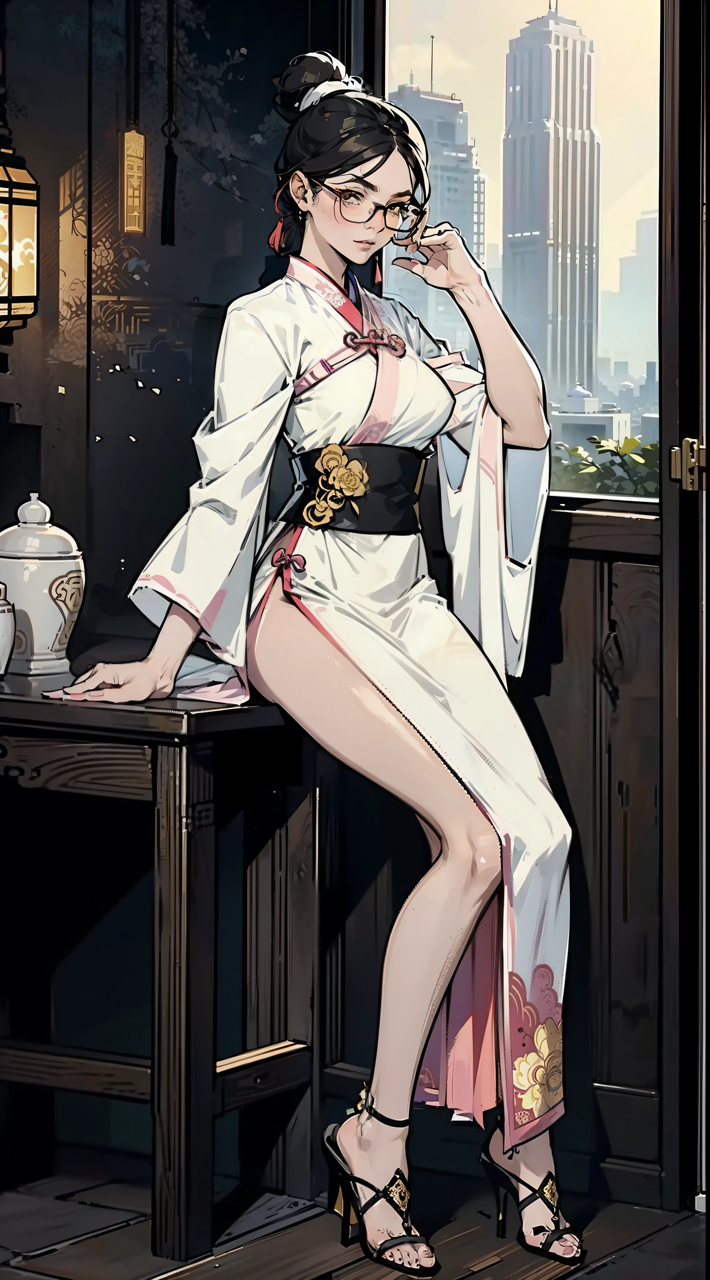 girl wearing spectacles,full bodyesbian,(Face details:1.2),tmasterpiece,Fashionab,Hanfu，Blue or white or yellow or pink ponytail or double ponytail or short or curly hair or long or curly hair,Doctor close-up, Has a glowing five-star rating, Their names, Photo, and the city in the background.，Large bust，rimless eyewears，Slim figure，Cute girl，Full body like，Hanfu，komono，Ancient Chinese streets，Dirty dark streets，high-heels，long leges，Sit in a chair or stand，Black or yellow or pink hanfu、Intricate pattern，Lots of details，tulle shawl，Fair skin，Pale skin