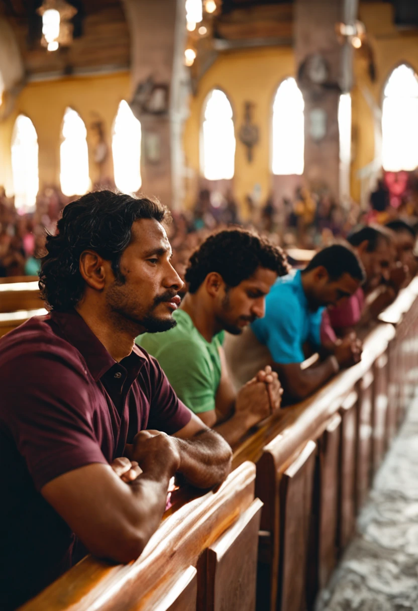 Brazilian men praying in church,Medium Shot Shot