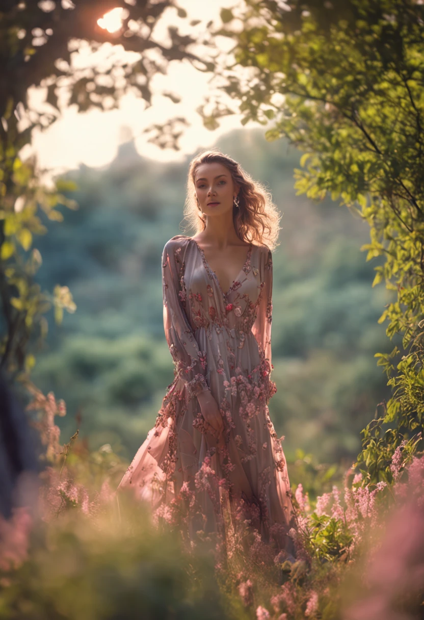 Beautiful girl full body dress silk dress delicate and beautiful,the detail,realisticlying,Ultra Realistic Photo,8k UHD,digital SLR camera,The sun shines in the forest ,high high quality,filmgrain,Wildflowers are beautiful,The morning sun overlaps,Beautiful
