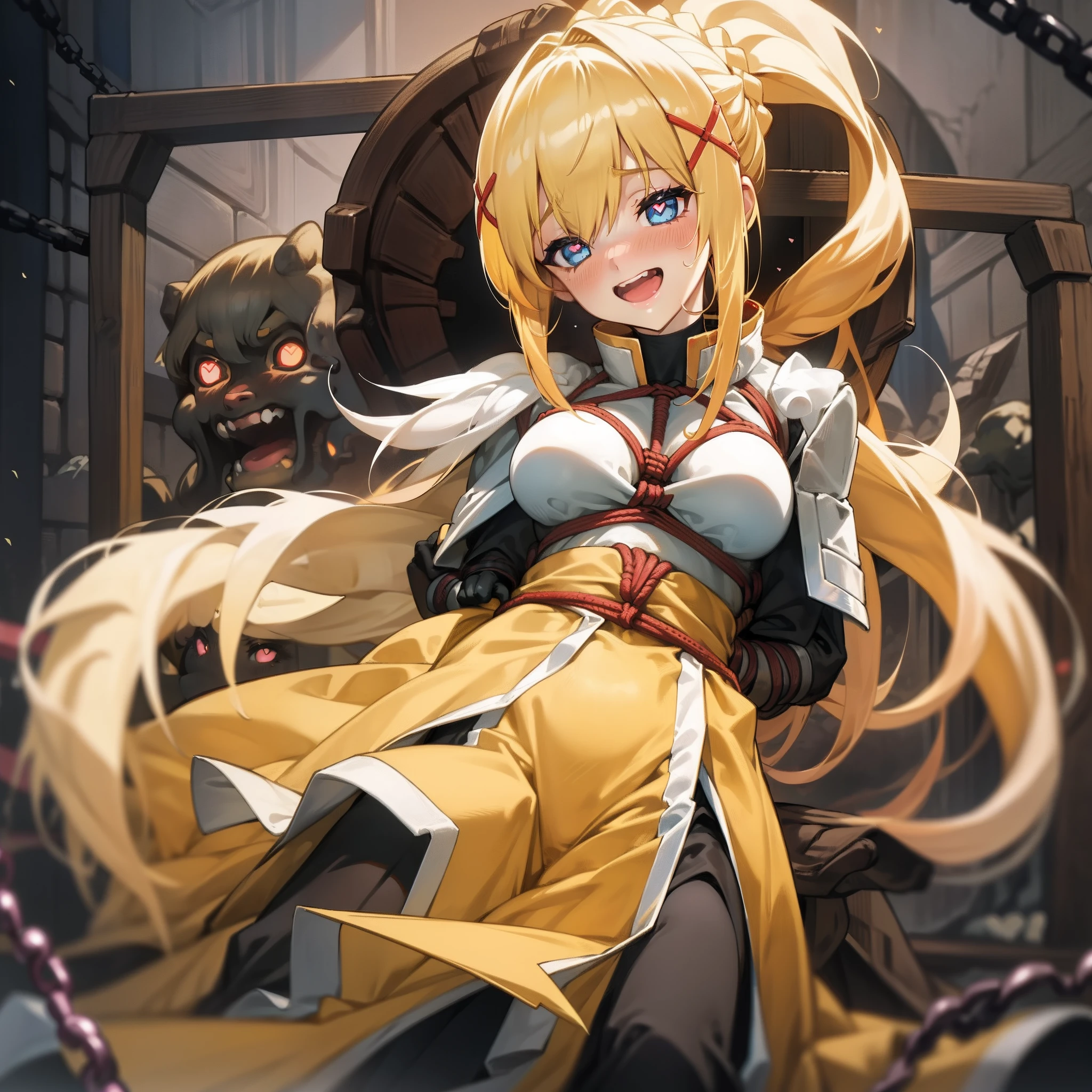 1girl in、darkness_(Konosuba)、Best Quality, hight resolution, 1girl in, Long hair, blondehair, X Hair Ornament, Blue eyes, Ponytail, Hair Ornament, gloves, braid, Black Gloves, Opens mouth and laughs、red blush、Yellow dress、Beautiful valley、​master piece,1***********,独奏,(blonde  hair) (Shibari:1.4)、arms behind back:1.4、BDSM、Tied rope、chains、arms  cuffs、Metal collar:1.4、kneeking:1.4、red blush、(Big breasts:1.2)heart-shaped_pupils