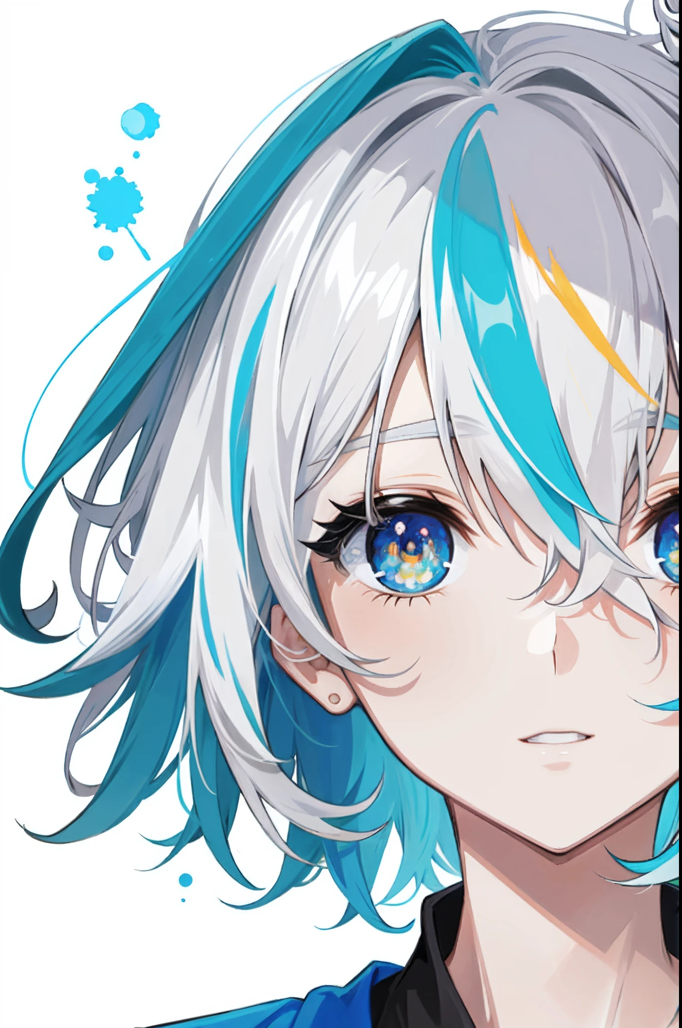 up close shot, Close-up of the eyes, ((masterpiece)), ((ultra-detailliert)), pixiv, Best Shadows, The best lighting, best qualtiy, cinematic shot, 1male people, 独奏, bangss, Black background, paint, portraitures, short-haired, bluntbangs, cparted lips, Paint Splatter, ((two tone hair)), see the beholder, white hair, ((Colorful eyes)), Paint splatter on the face, chromatic abberation, Simple background