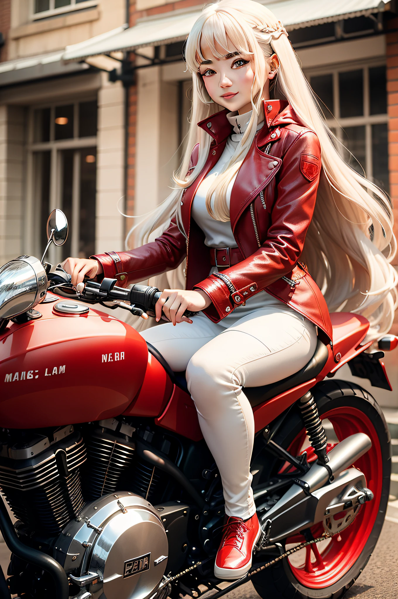 maam、long whitr hair、Wearing a red leather coat、Light smile、riding motorcycles、leather shoes