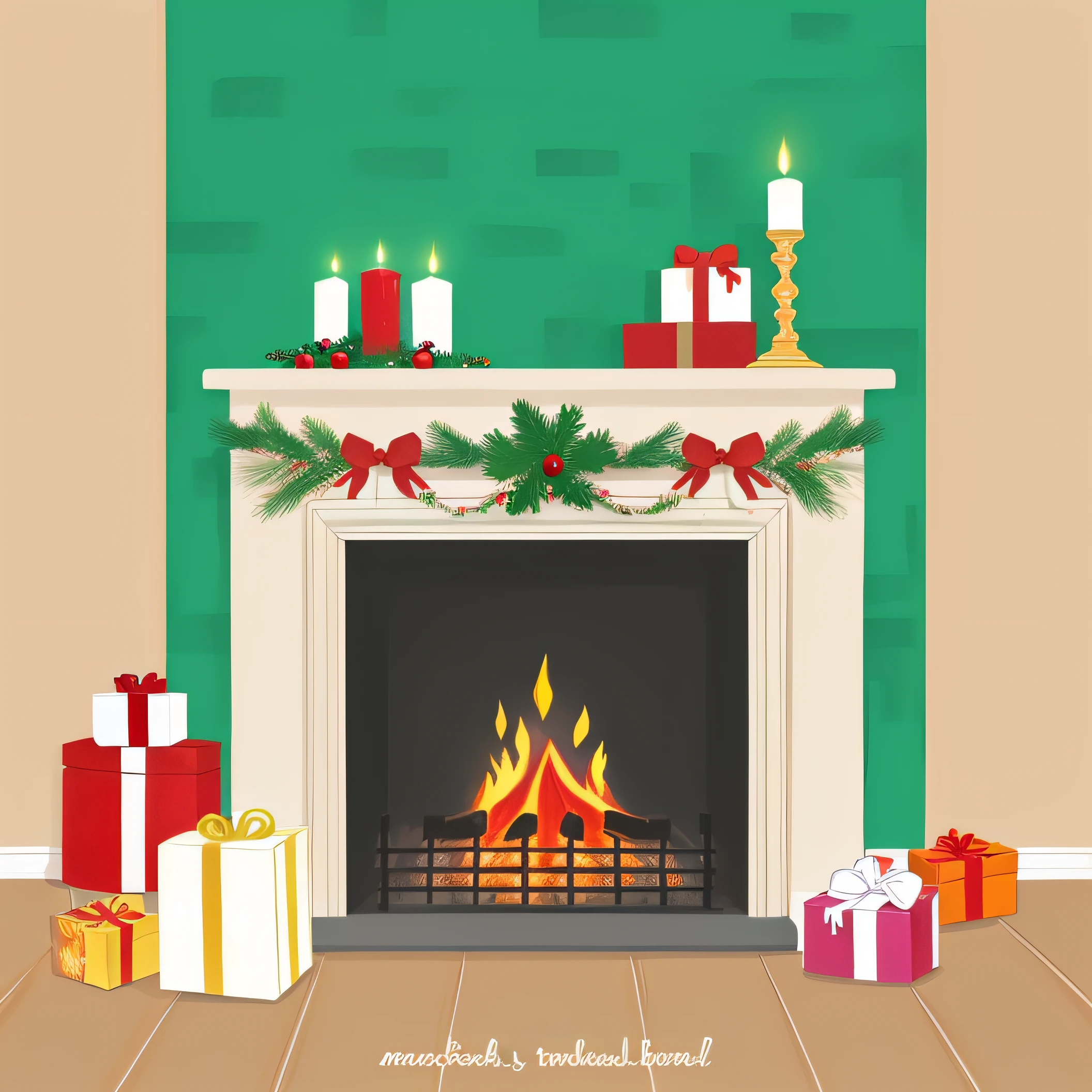 Christmas fireplace with gifts and decorations, in front of a fireplace, fireplace, Warm fireplace, Cozy fireplace, Traditional fireplace, well - decorated, gouache,Retro, lavishly decorated, Fireplace lighting, cozy home background,gifts, Hearth fireplace,