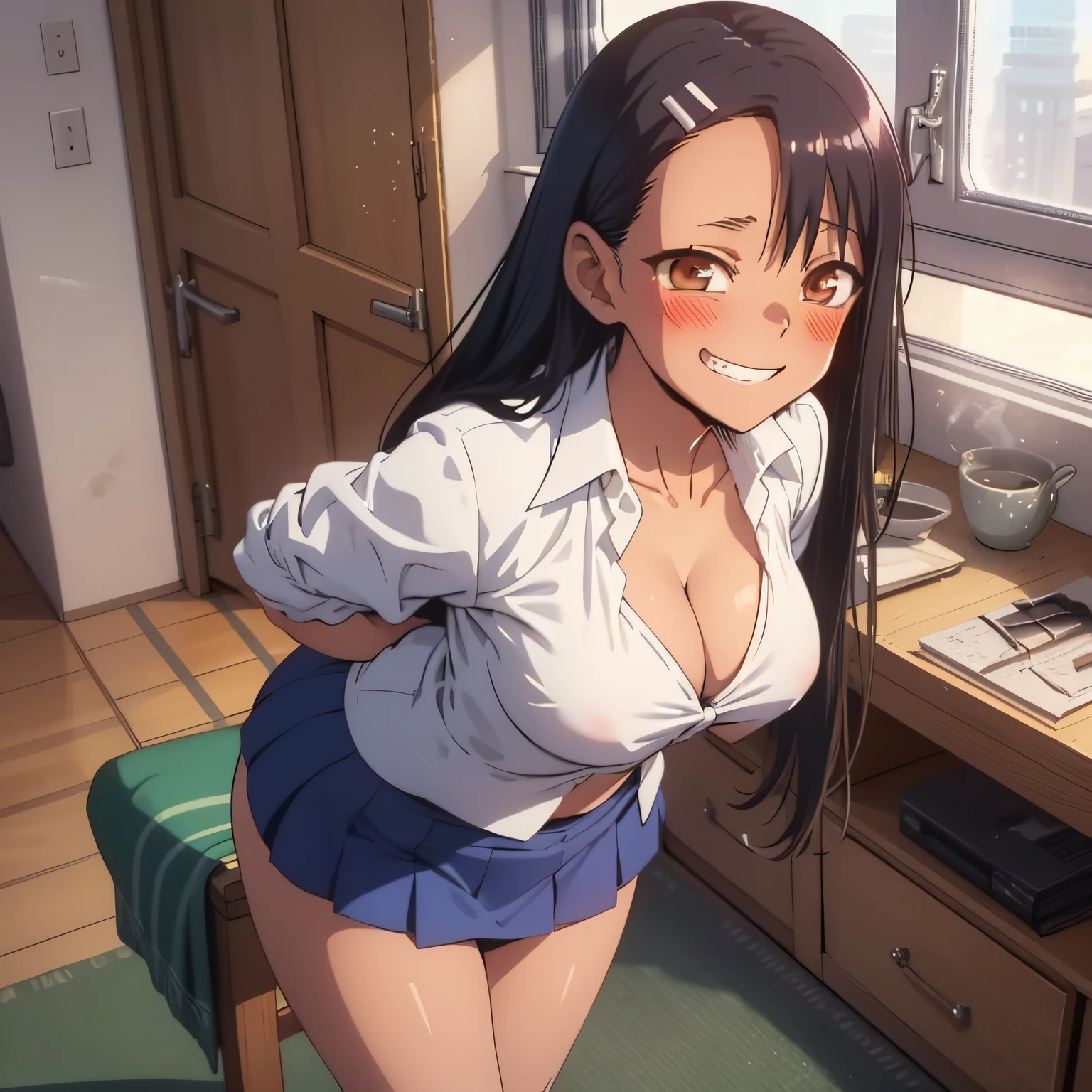 nagatoro hayase, blue mini skirt, cleavage, thick legs, perfectly detailed hands, small breasts, (from below:1.2), bent over, grin, blush, best quality, masterpiece, perfect lighting, arms behind back, big ass, back view, horny face, super sexy,