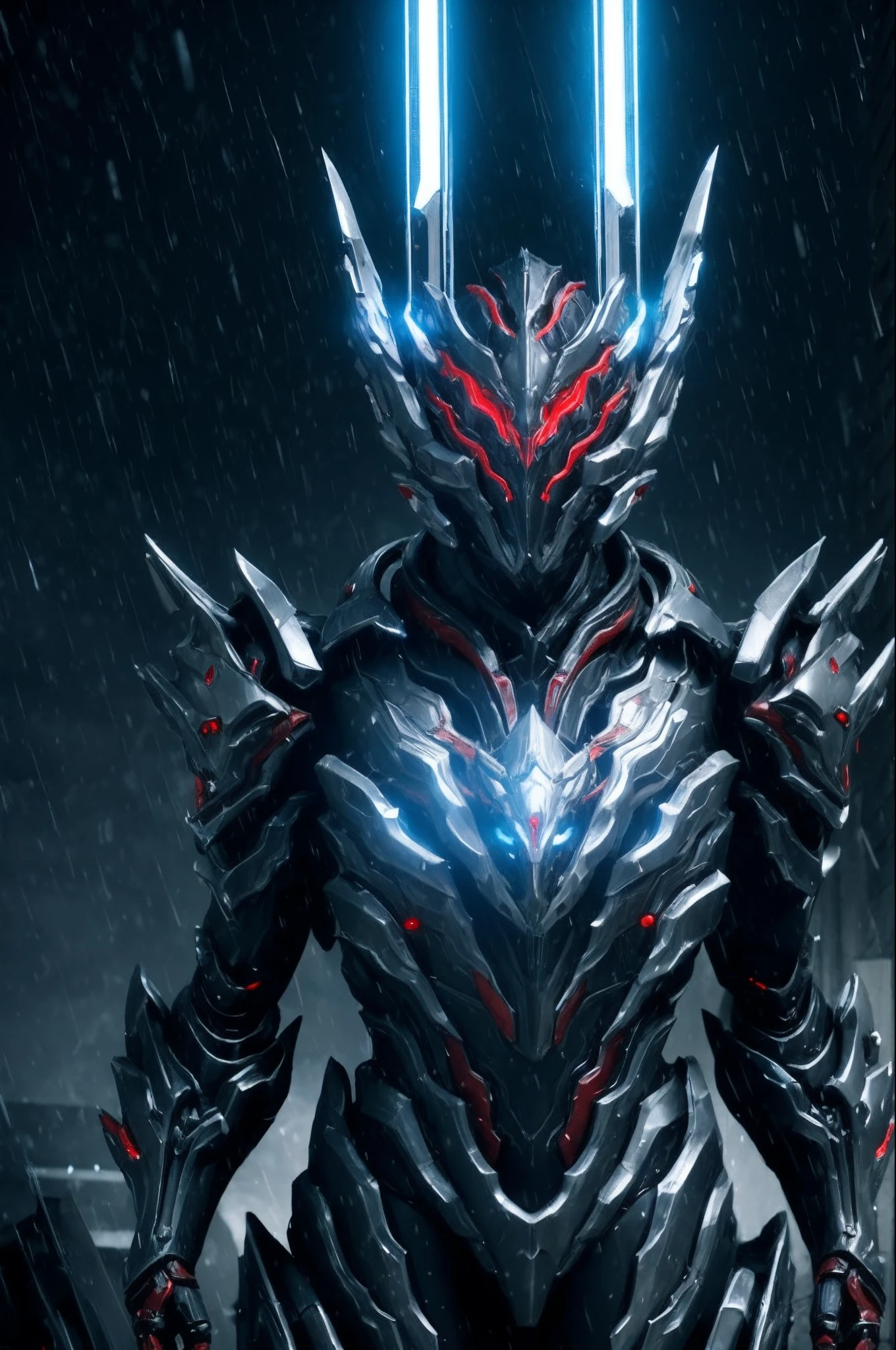 1 robotic dragon-man, blue and silver, WARFRAME, intricate pattern, heavy metal, energy lines, faceless, glowing eyes, elegant, intense, blood red and black uniform, solo, modern, city, streets, dark clouds, thunderstorm, heavy rain,
dramatic lighting,
(masterpiece:1.2), best quality, high resolution,   beautiful detailed, extremely detailed, perfect lighting,