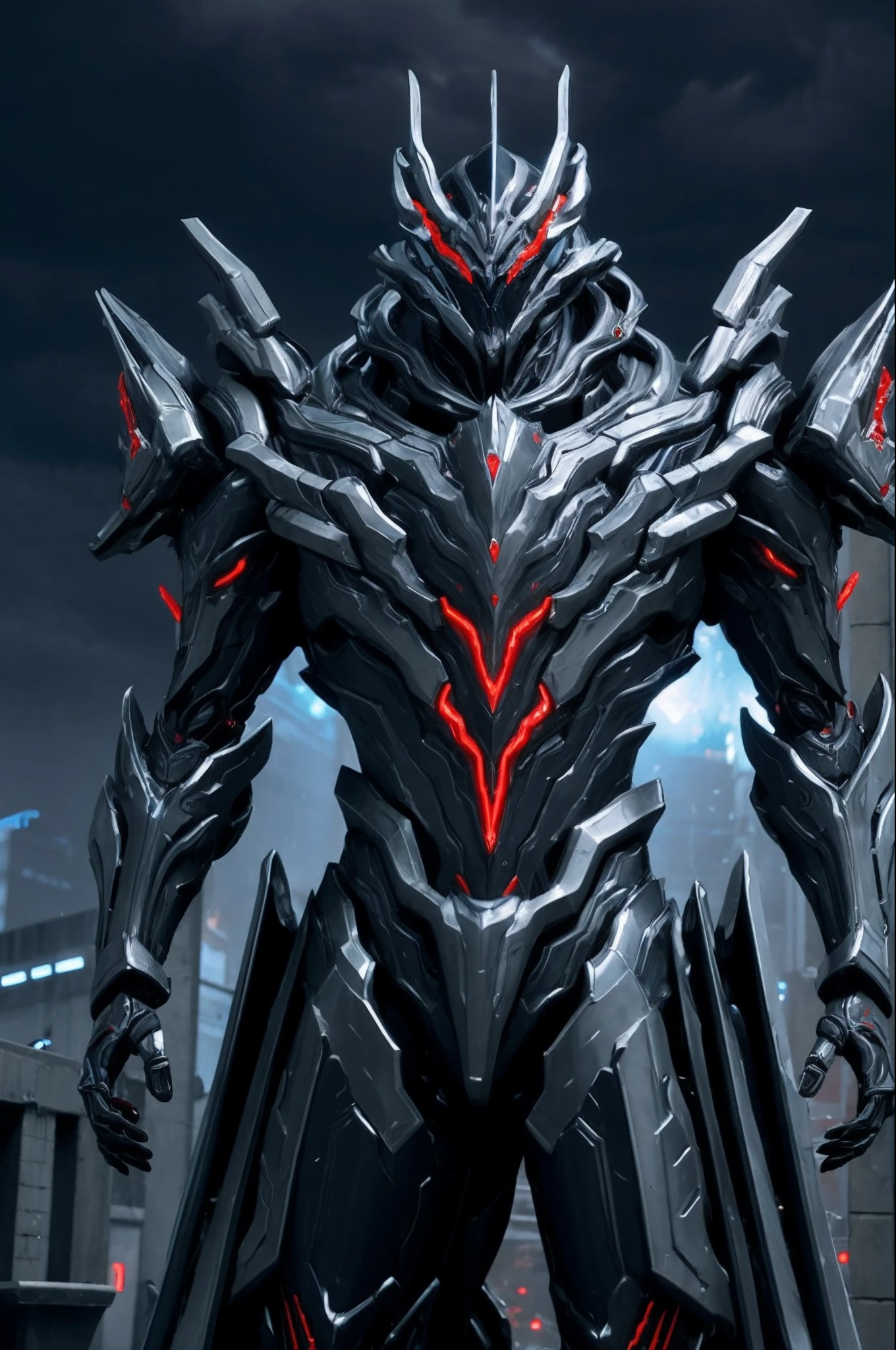 1 robotic dragon-man, blue and silver, WARFRAME, intricate pattern, heavy metal, energy lines, faceless, glowing eyes, elegant, intense, blood red and black uniform, solo, modern, city, streets, dark clouds, thunderstorm, heavy rain,
dramatic lighting,
(masterpiece:1.2), best quality, high resolution,   beautiful detailed, extremely detailed, perfect lighting,