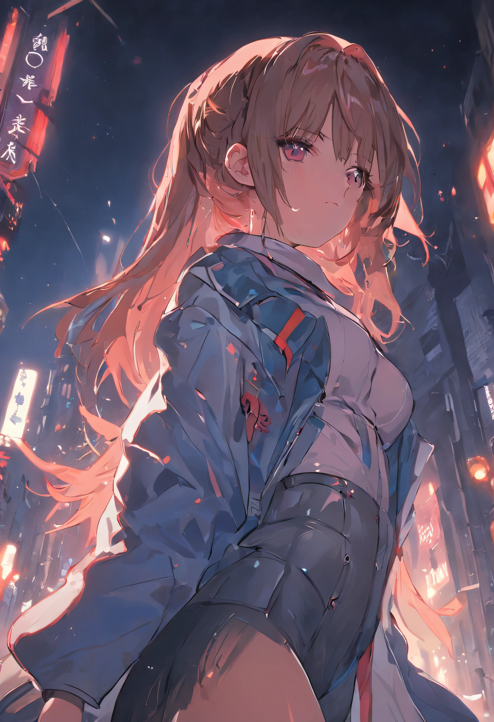 realistic illumination,top Quority,Resolution of 8K,tmasterpiece:1.3,Clear focus:1.2,1个Giant Breast Girl,delicated face,二重まぶた,largeeyes,Sexy expression,Perfect anatomical physique,Beautiful Women with Perfect Figure:1.6,Big breasted 1.7,long and dark brown hair,Bigchest:1.8,Armor,Long knives,magia,exteriors,during night:1.1,1080p,hyper HD,textureskin,super detailing,best qualtiy,high detal,high high quality