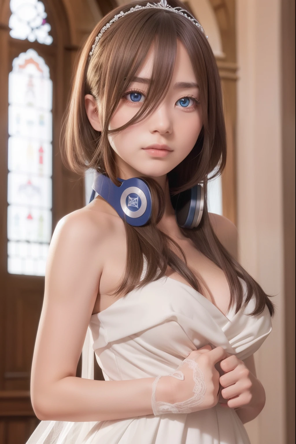 mikunakano, miku nakano, long hair, bangs, blue eyes, brown hair, hair between eyes, headphones, headphones around neck,
BREAK gloves, dress, cleavage, bare shoulders, collarbone, elbow gloves, white gloves, white dress, strapless, tiara, veil, strapless dress, wedding dress, bridal veil,,
BREAK indoors, church,
BREAK looking at viewer, BREAK (masterpiece:1.2), best quality, high resolution, unity 8k wallpaper, (illustration:0.8), (beautiful detailed eyes:1.6), extremely detailed face, perfect lighting, extremely detailed CG, (perfect hands, perfect anatomy),