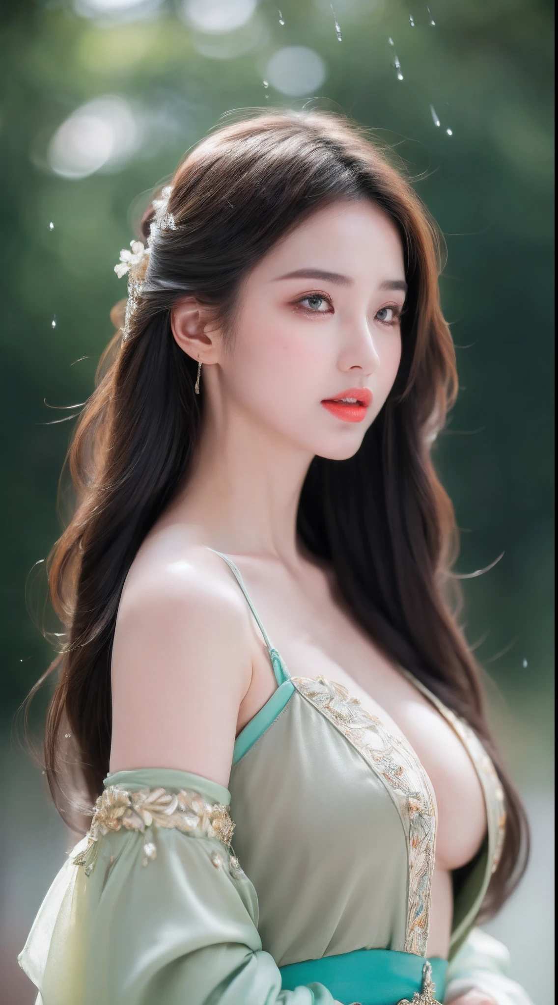 ((Best Quality, 8k, Masterpiece: 1.3)), Focus: 1.2, Perfect Body Beauty: 1.4, Buttocks: 1.2, ((Layered Haircut)), (Wet Clothes: 1.1), (Rain, Street:1.3), (Breasts: 1.2), (Hanfu: 1.2), Bare Shoulders, Bare Legs, Highly Detailed Face and Skin Texture, Fine Eyes, Double Eyelids, Whitened Skin, Long Hair, (Shut Up: 1.5), (Bokeh Background: 1.5), Big Breasts