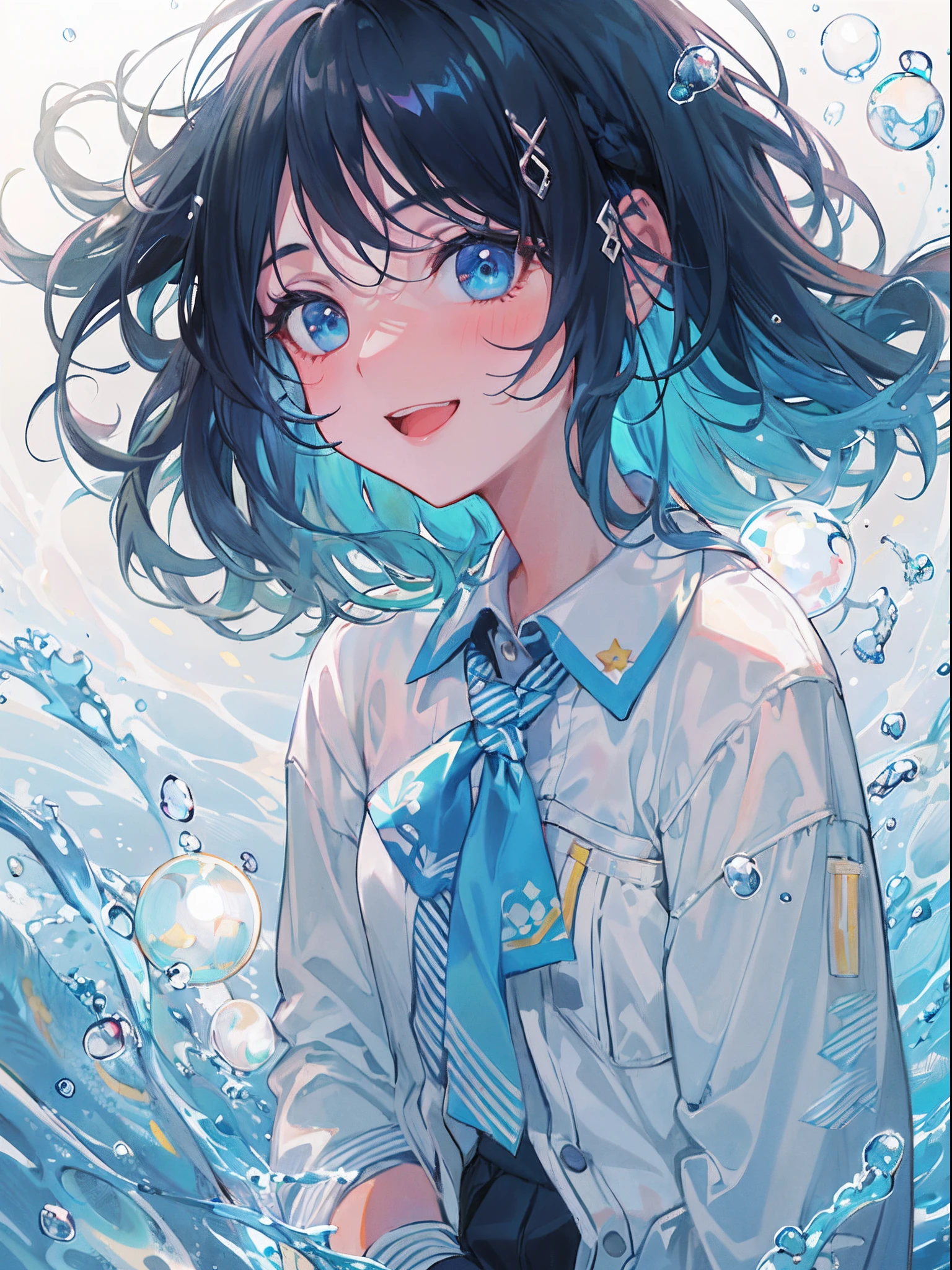 ((top-quality)), ((​masterpiece)), ((ultra-detailliert)), (extremely delicate and beautiful), girl with, 独奏, cold attitude,((Black jacket)),She is very(relax)with  the(Settled down)Looks,A dark-haired, depth of fields,evil smile,Bubble, under the water, Air bubble,bright light blue eyes,Inner color with black hair and light blue tips,Cold background,Bob Hair - Linear Art, shortpants、knee high socks、White uniform like school uniform、Light blue ribbon ties、Clothes are sheer、Hands in pockets