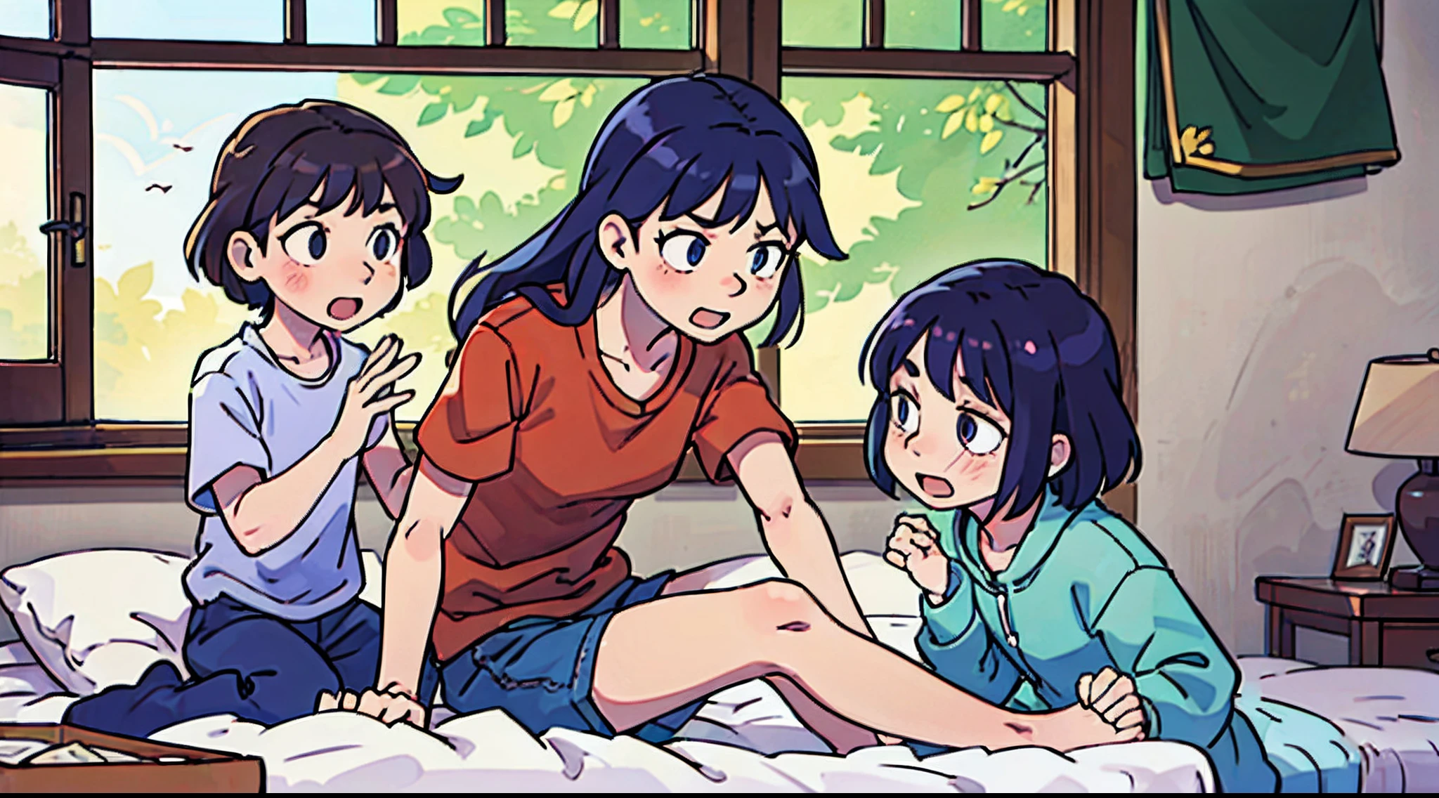 A busty two headed woman with an older woman and a younger girl as her two heads. She’s at a sleepover with the younger girl head’s friends. The older head is masturbating her huge cock and cumming into the younger daughter’s face while the young head is trying to watch a movie with her friend. Next to her is the daughter’s friend can’t stop staring at the conjoined mommy and daughter’s cum soaked cock being masturbated next to her on the couch.
