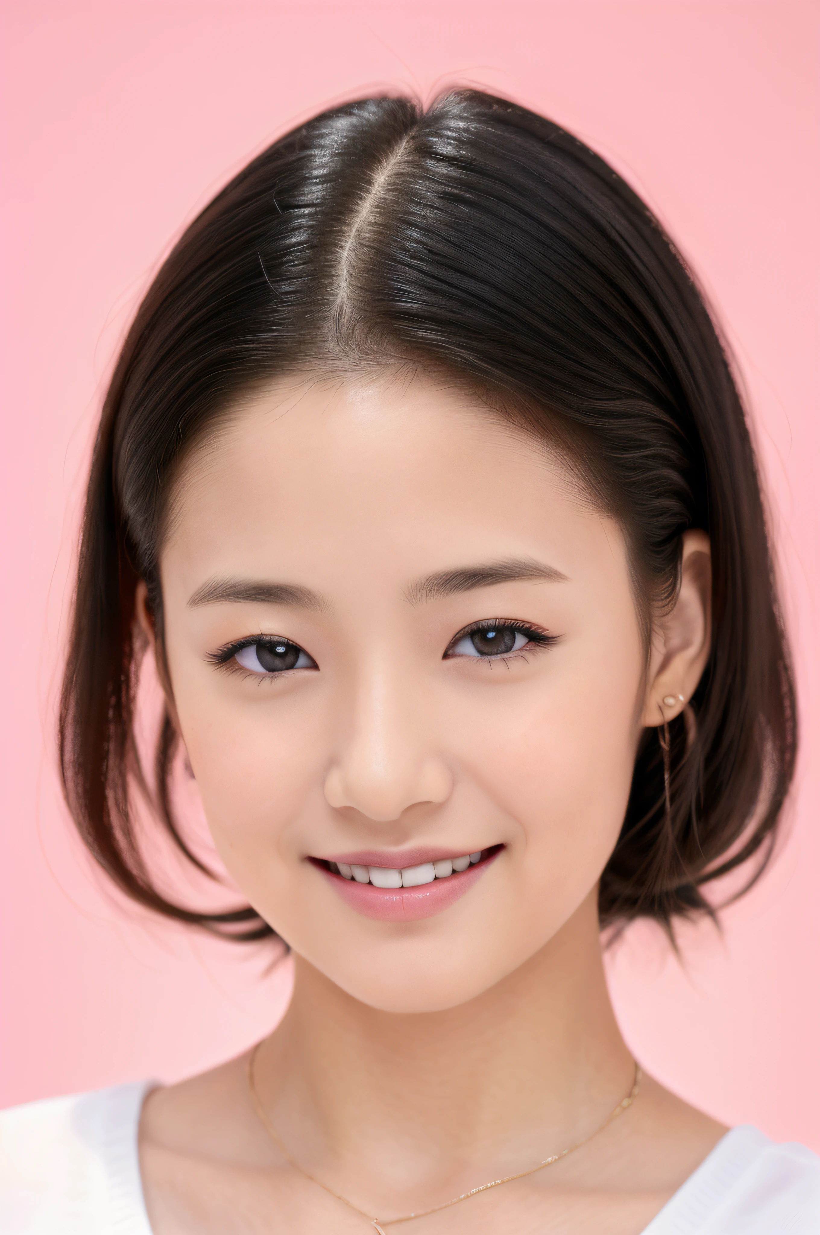-yeld fee、Black hair、fashionGirl、beautidful eyes、authentic skin、real looking skin、A detailed eye、a junior hiterpiece:1.2)、(reallistic、Photorealsitic)、top-quality、realisitic、ighly detailed、Beautie、cute little、独奏、A Japanese Lady。a smile。ssmile。Beautiful young woman model。Wears a white shirt。Close-up portrait。Healthy face。Skin Care Cosmetics。Bright pink background。