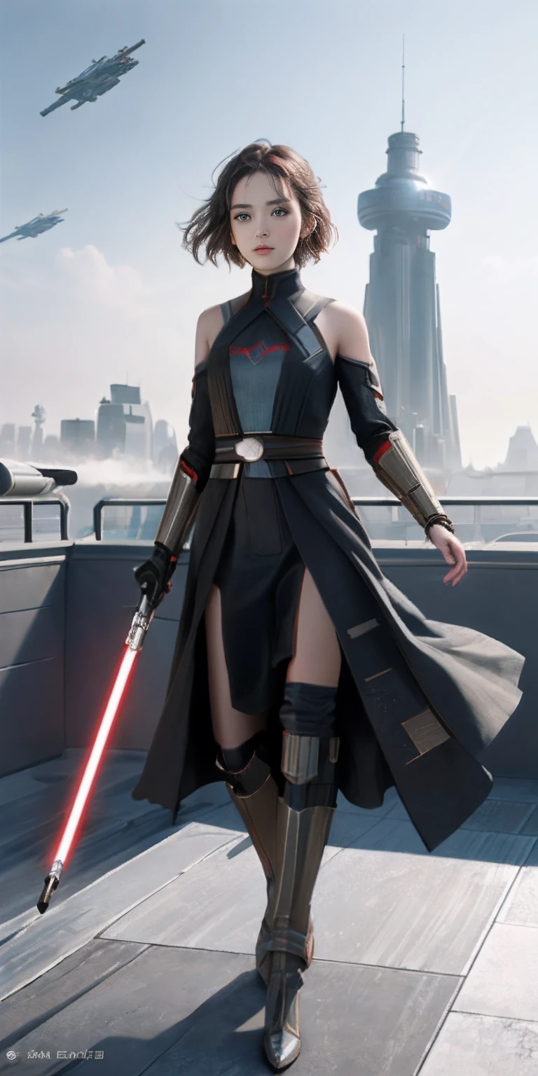 (1girl in:1.3), Solo, ((Very detailed face)))), ((Very detailed eyes and face))), Beautiful detail eyes, Body parts__, Official art, Unified 8K Wallpaper, super detailed, Beautiful and beautiful, Beautiful, masutepiece, Best Quality, Original, masutepiece, Super Fine Photo, Best Quality, 超A high resolution, Realistic realism, Sunlight, Full body portrait, Amazing beauty, Dynamic Pose, Delicate face, shoulder-length short hair, Vibrant eyes, (From the front), She wears a Star Wars suit, Jedi Outfit、Red and black color scheme, spider, very detailed city roof background, On the rooftop, overlooking a city, Detailed face, Detailed complex busy background, Messy, Gorgeous, Milky White, highly detailedskin, Realistic skin details, Visible Pore, Clear focus, Volumetric fog, 8K UHD, Digital SLR, High quality, Film grain, Fair skin, photorealisim, Lomography, futuristic dystopian giant metropolis, translucent