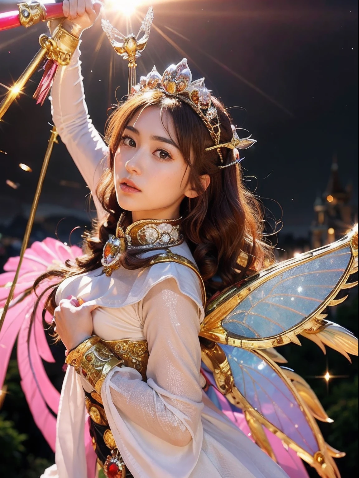 (A smile), Professional , masterpiece、top-quality、photos realistic , depth of fields (Gemstone White Metal Body:1.9),(Matte White Pink、Jewel Gold Weapon、(Gorgeous castle background)、(ultimate beauty girl)、(Rainbow fairy wings grow)、Particles of light、(Metal body of iridescent gemstones:1.9),Gorgeous Jewel Metal Weapons ,(maikurobikini)、 Detailed Sword of the Brave ,( Pink hair) ,warhammer 40k , adepta sororitas,Detail and ornate jewel crown、独奏、Brown hair、Mystical expression、cleavage of the breast、(Gangle's forest background)、Beautiful Caucasian beauty、1a person、dynamic ungle,(((Diamond tiara with detail and luxury)))、a small face、Powerful poses、(Gorgeous castle background)、huge filesize、20 year old beautiful woman、Stand in the center of the screen、Thin female fingers、Straight long hair、Beautiful Caucasian beauty、(maikurobikini)、Hair fluttering in the wind、Look at viewers、(Armpit)、Toostock、
