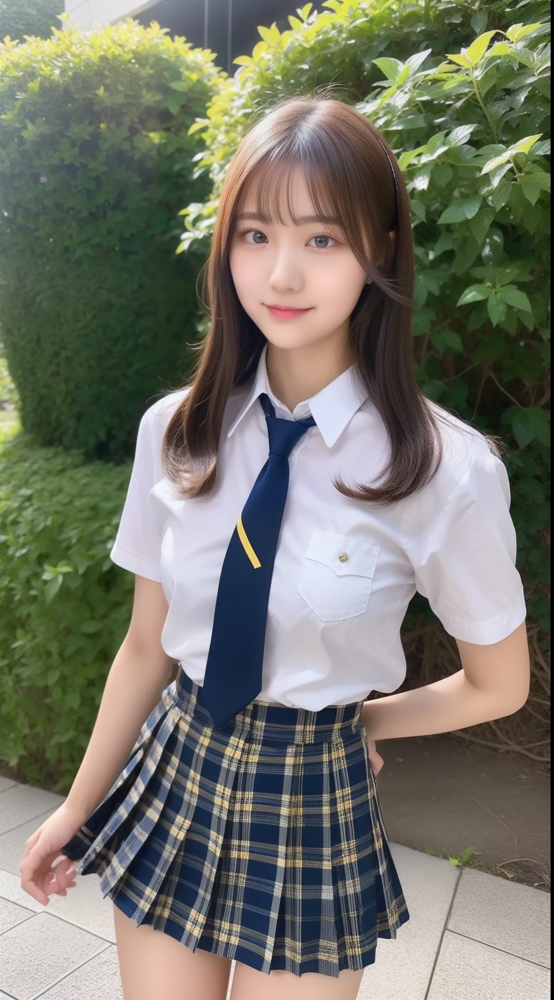 highest quality、Blonde、figure、 Blonde、Cleavage、Ultra-detailed、High resolution、8k wallpaper、Perfect dynamic composition,、Beautiful fine details、Natural color lip、Bold sexy pose、smile、、cute、sexy shot looking at camera、(highest quality: 1.3), (masterpiece: 1.3), (Super Detail: 1.3), (One Girl: 1.1), (Detailed hands and fingers:1.2)、(Ultra-oily, lustrous skin with attention to detail:1.1)、Oily shiny knee socks、(The perfect school girl uniform:1.3)、Short sleeve dress shirt、(Beautiful shapely small breasts:1.3)、(Dark blue plaid mini skirt:1.2)、Brown Hair、short hair、Twin tails、Beautiful sister、Pink wall