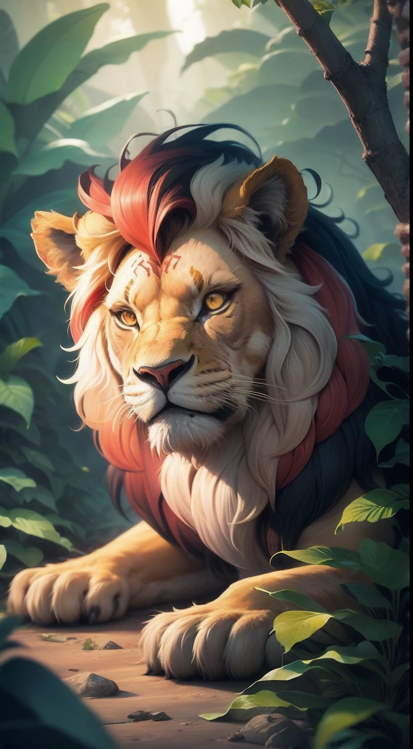 Colorful vintage Panamanian flora and fauna paintings, Such as a tropical lion,Beautiful jungle rocks. Style The Lion King, Jumps
