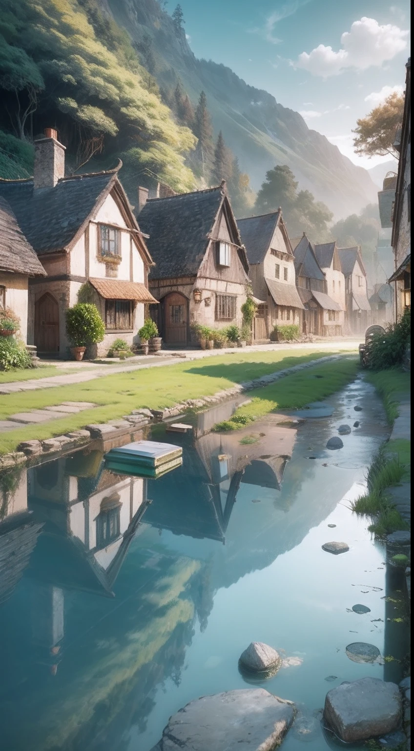 picturesque village,The background is quaint cottages and lush greenery.