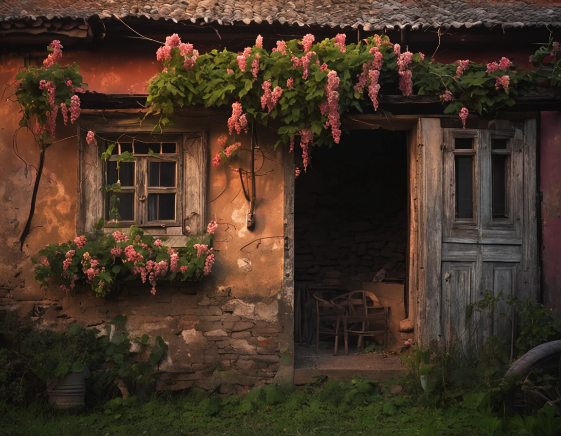 after rainny，Summer evening，Old courtyard in the countryside，Walls full of trumpet flowers，Grape branches hanging from the wall，The setting sun shines obliquely，A tranquil，warm lights，Old wooden door