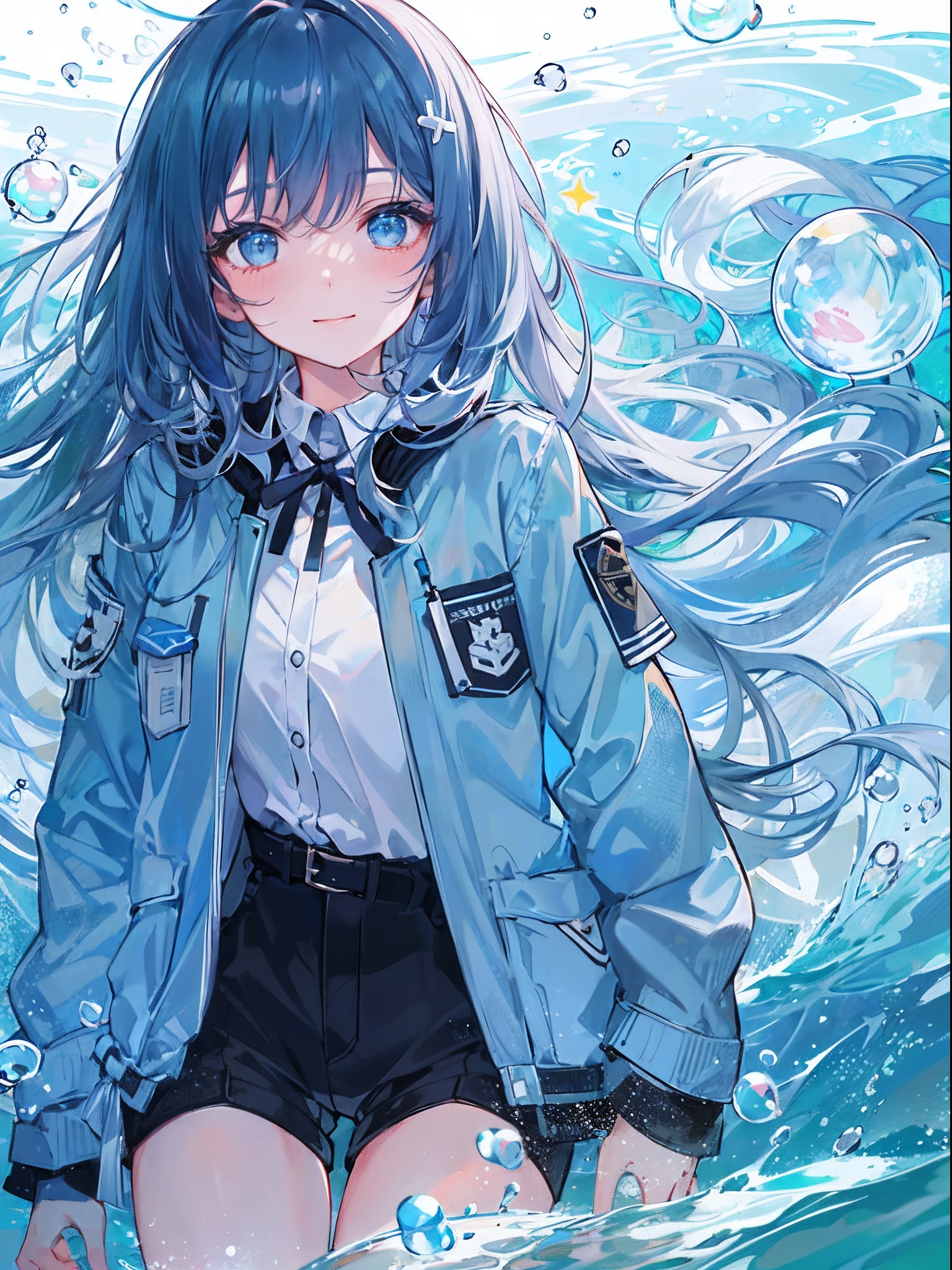 ((top-quality)), ((masterpiece)), ((ultra-detailliert)), (extremely delicate and beautiful), girl with, 独奏, cold attitude,((Black jacket)),She is very(relax)with the(Settled down)Looks,A dark-haired, depth of fields,evil smile,Bubble, under the water, Air bubble,bright light blue eyes,Inner color with light blue hair and dark blue tips,Cold background,Bob Hair - Linear Art, shortpants、knee high socks、White uniform like school uniform、Light blue ribbon ties、Clothes are sheer、Hands in pockets((top-quality)), ((masterpiece)), ((ultra-detailliert)), (extremely delicate and beautiful), girl with, 独奏, cold attitude,((Black jacket)),She is very(relax)with the(Settled down)Looks,A dark-haired, depth of fields,evil smile,Bubble, under the water, Air bubble,bright light blue eyes,Inner color with light blue hair and dark blue tips,Cold background,Bob Hair - Linear Art, shortpants、knee high socks、White uniform like school uniform、Light blue ribbon ties、Clothes are sheer、Hands in pockets((top-quality)), ((masterpiece)), ((ultra-detailliert)), (extremely delicate and beautiful), girl with, 独奏, cold attitude,((Black jacket)),She is very(relax)with the(Settled down)Looks,A dark-haired, depth of fields,evil smile,Bubble, under the water, Air bubble,bright light blue eyes,Inner color with light blue hair and dark blue tips,Cold background,Bob Hair - Linear Art, shortpants、knee high socks、White uniform like school uniform、Light blue ribbon ties、Clothes are sheer、Hands in pockets((top-quality)), ((masterpiece)), ((ultra-detailliert)), (extremely delicate and beautiful), girl with, 独奏, cold attitude,((Black jacket)),She is very(relax)with the(Settled down)Looks,A dark-haired, depth of fields,evil smile,Bubble, under the water, Air bubble,bright light blue eyes,Inner color with light blue hair and dark blue tips,Cold background,Bob Hair - Linear Art, shortpants、knee high socks、White uniform like school uniform、Light blue ribbon ties、Clothes are sheer、、chaina hair,Bun hair