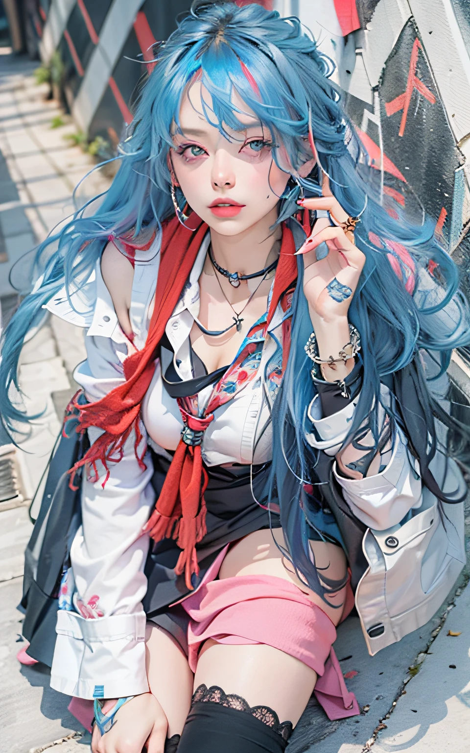 (Masterpiece, Best quality), 1girll, Long hair, Blue hair, White T-shirt, Black vest, Pink skirt, Red scarf, Tattoos, choker necklace, Stockings, Night