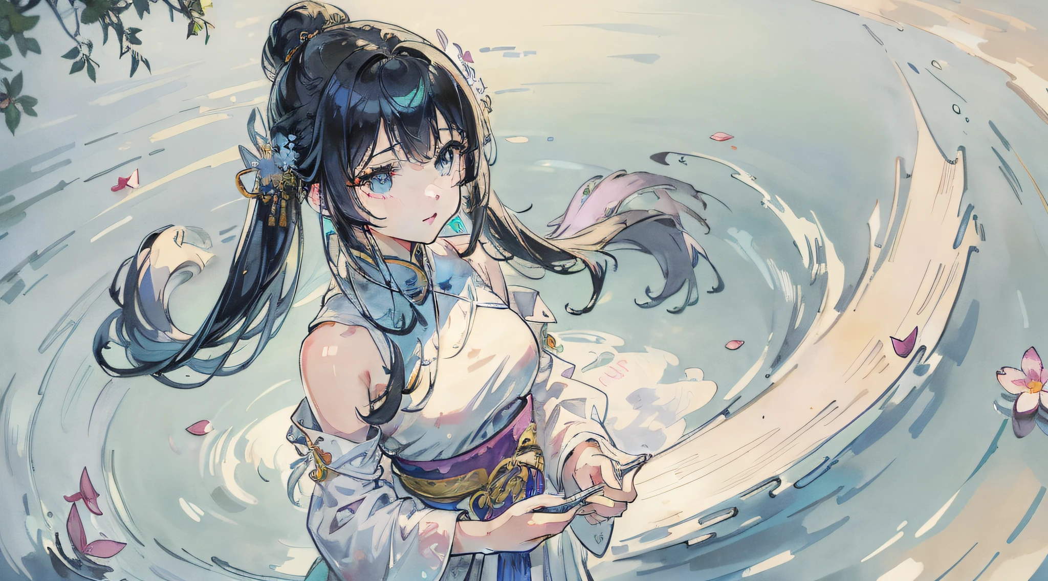 (masterpiece)、(top-quality)、(ultra-detailliert)、(dishevled hair)、(illustratio)、(1girl in)、(Fashionable clothing)、is standing、fashion modell、(interview)、(Brief background)、beatiful detailed eyes、Delicate beautiful face、Planktonic、(a high chroma)、(colorful water splash)、Colorful bubbles、(SHINES)、focus on face、lightblue hair、bangss、hair rings、Floating flowers、Floating hair。girl with、anime waifu、looking at the viewers、Very detailed and、Reflective transparent iridescent color、long transparent iridescent RGB hair、Art Bee Scella Rule at Art Station、Thick Acrylic、pixiv illustration、waist up portrait、Gorgeous Holy Girl、top-quality、ultra-detailliert、mournful、clever、beautiful countenance、Beautiful Ryton black background、Character stvle rendered by Octane、from side、Turned
