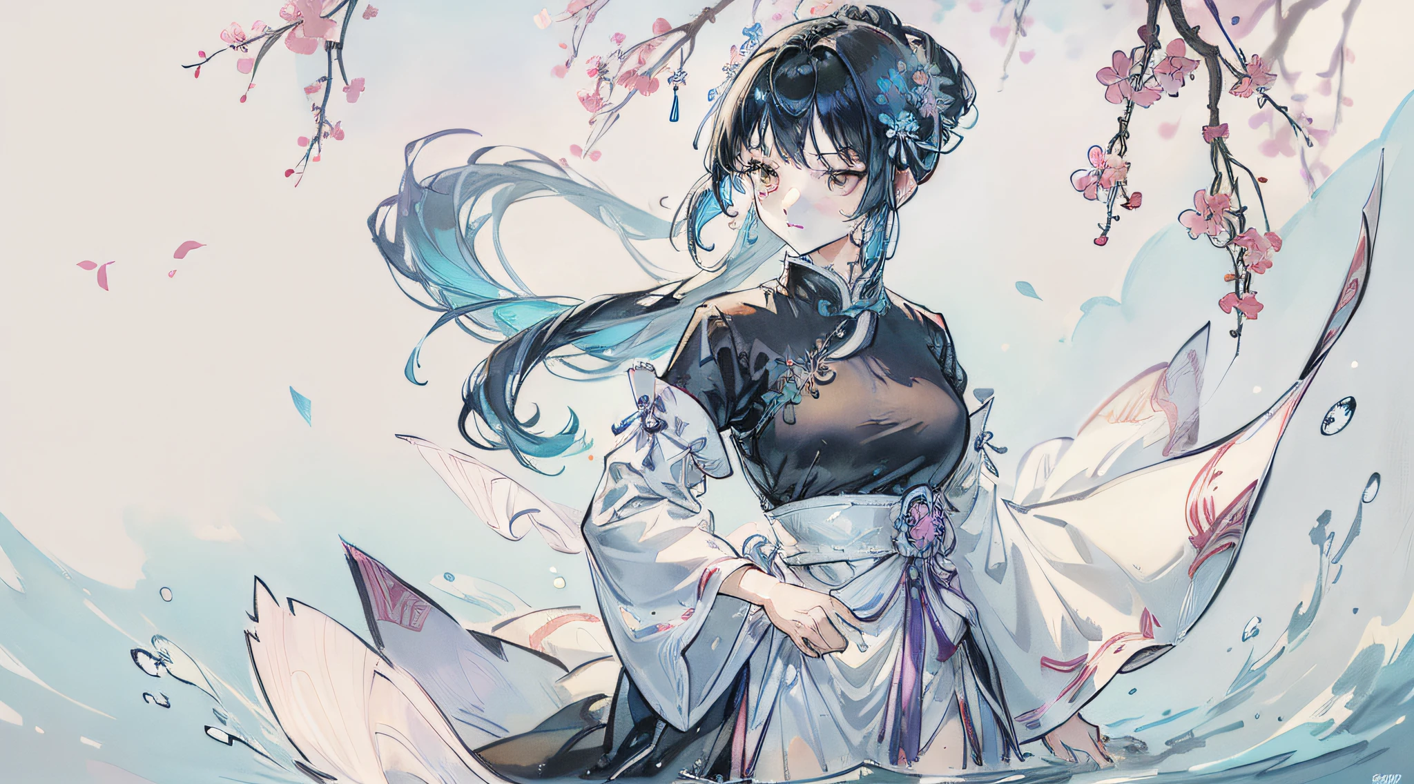 Anime girl in a white dress standing in the water with a boat - SeaArt AI