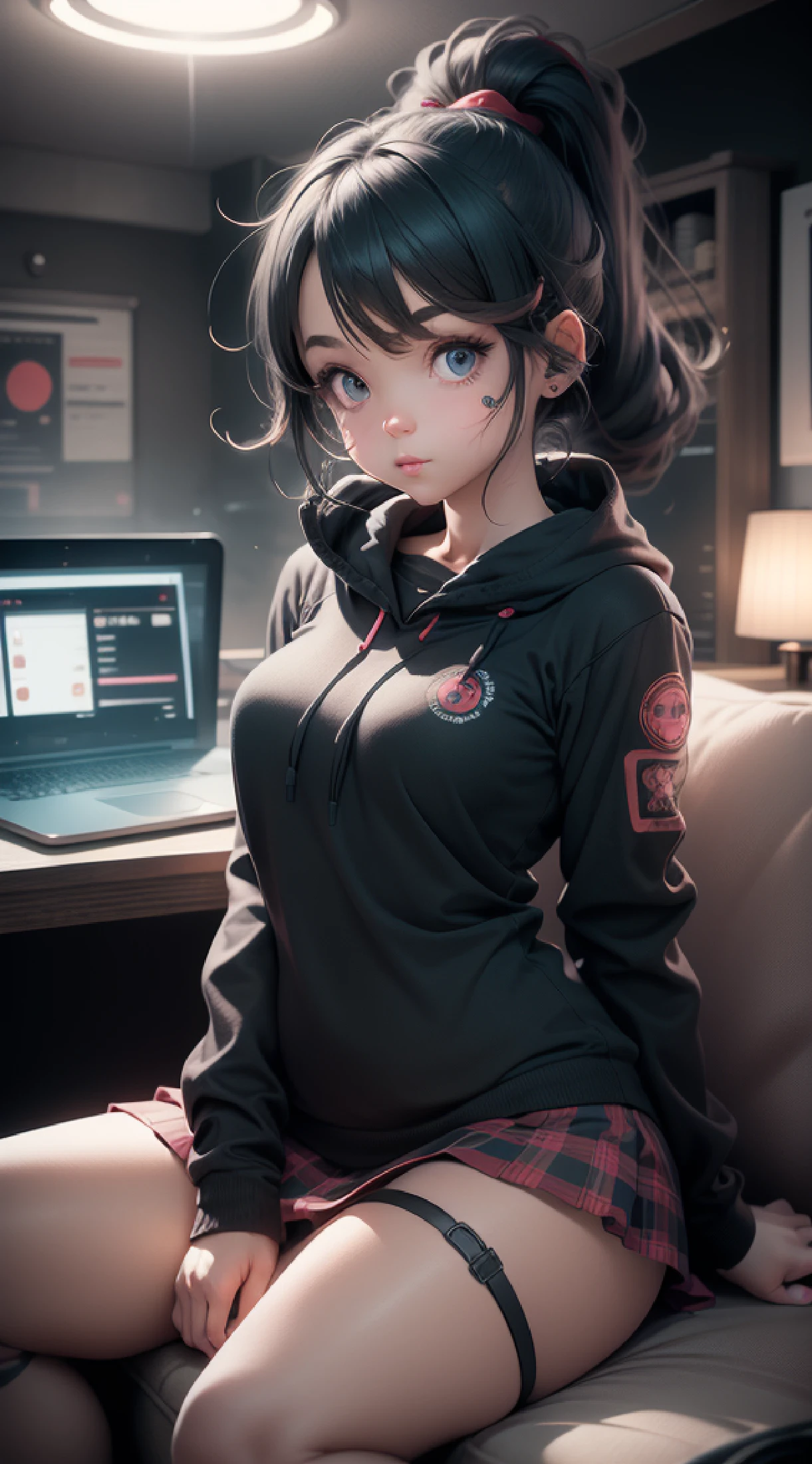 Anime girl sitting on sofa with laptop in lap, hanayamata, Kotegawa Yui, Ecchi, mayuri shiina, nagatoro, shikamimi, noire moody scene, by Sengai, iwakura lain, a hyperrealistic schoolgirl, けもの, School Girl, Full body internet girl with ponytail. Bright red indicates that she is an online girl. Clothes like Tomb Raider,But there are skirts. She also has blue eyes. The environment is similar to a terminator. Hair is black. Her face is illuminated by the bright red color on one side of the face. Like LEDs. And both hands also have LED lights.