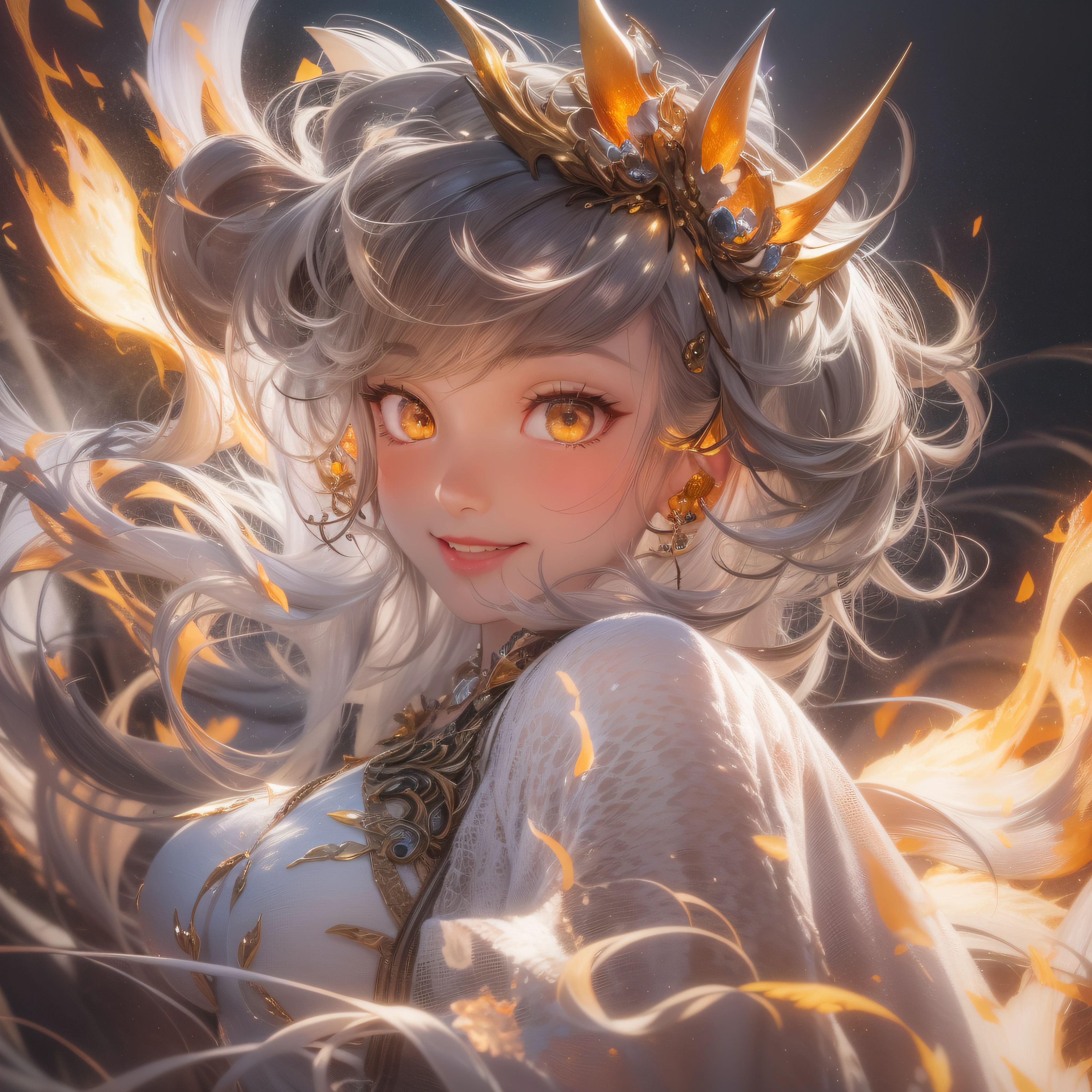 Close up of a flame smile with open mouth、(realisitic、hight resolution)、(1 girl in)、Do-Up Eye、Korean Girl、(Best Quality), (masutepiece), (1girl in), Solo, a beauty girl, Perfect face, Big Breast,dreamlikeart、Highly detailed airbrush art((Surreal))、Volumetric lighting、(top-quality)、The ultra-detailliert、(The composition of the movement:1.4)、Highly detailed colorful details、(Bright lighting)、dynamic compositions、Ray traching、The mirror reflects light、Shallow depth of field、ultra-detailliert、mixing  exposure、nffsw、Her eyes glow flame、Staring at the fiery sea。Her flame-colored face is、Full of anticipation and courage for adventure.、A smile appears on her flame-colored lips。 At the rear、The sun is slowly tilting to the west。Its light brings a flame-colored light to the surface of the sea、The swaying waves create a beautiful scene。Her eyes are clearly glowing with flames。Lots of flame colors