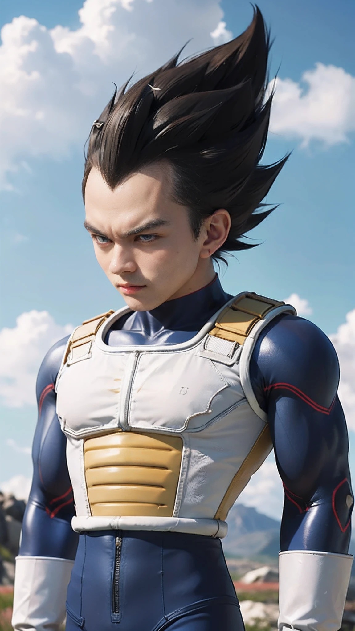 ((masutepiece:1.4, Best Quality)), ((masutepiece, Best Quality,8K)), (photographrealistic:1.4), (Cowboy Shot, Solo, Male Focus, 1boy, Vegeta, Serious, Looking at Viewer, Black spiked hair, Black eyes, armor, Enamel Bodysuit, White Gloves), (rocky ground, Rocky mountain, skyporn), Professional Lighting, Physically-based rendering