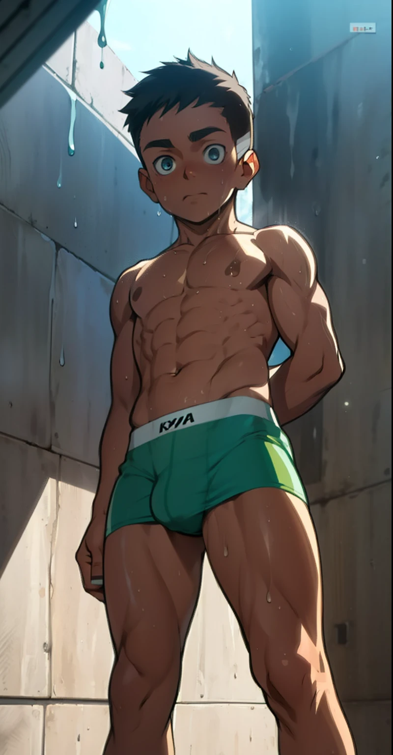 full body,  boy, cute, cute baby face, y, dripping sweat, shiny skin, wearing triangle panties, bulging underwear due to raised genitals  , topless, shirtless (photo corner from below, hands behind your back