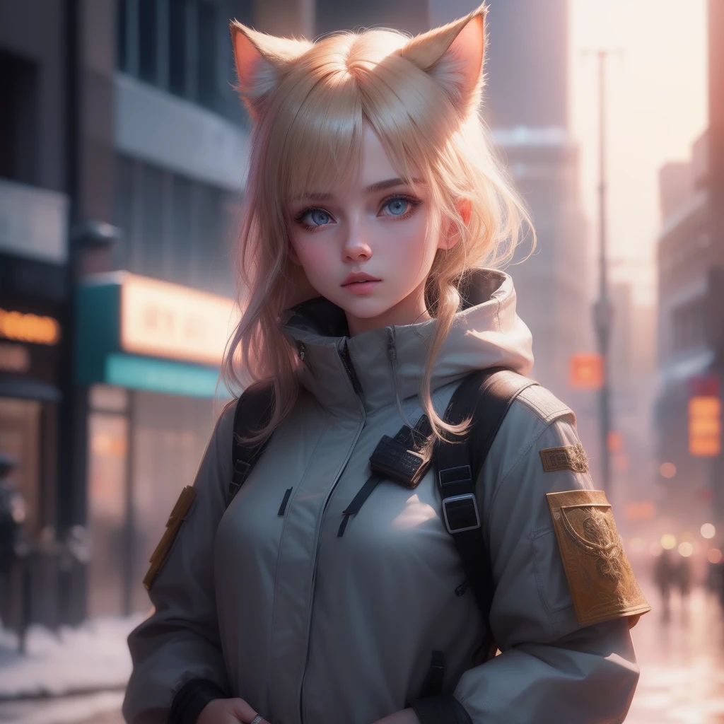 ukrainian girl , Ukrainian anime girl , The whole body consists of a young girl with messy light blonde hair, eye makeup, , Cat ears, Soft lighting, Solo, Wearing a shabby, dirty, ragged futuristic military uniform, Cat's paw badge, Pose, Spot color, rendering by octane, Ultra-realistic intricate details, Cinematic, 8K resolution, 70mm, emphasis lighting, Global illumination, Full body portrait, clean detailed faces, complex clothing, Cute face, Flat chest, Slim waist, Slim legs, Small hips