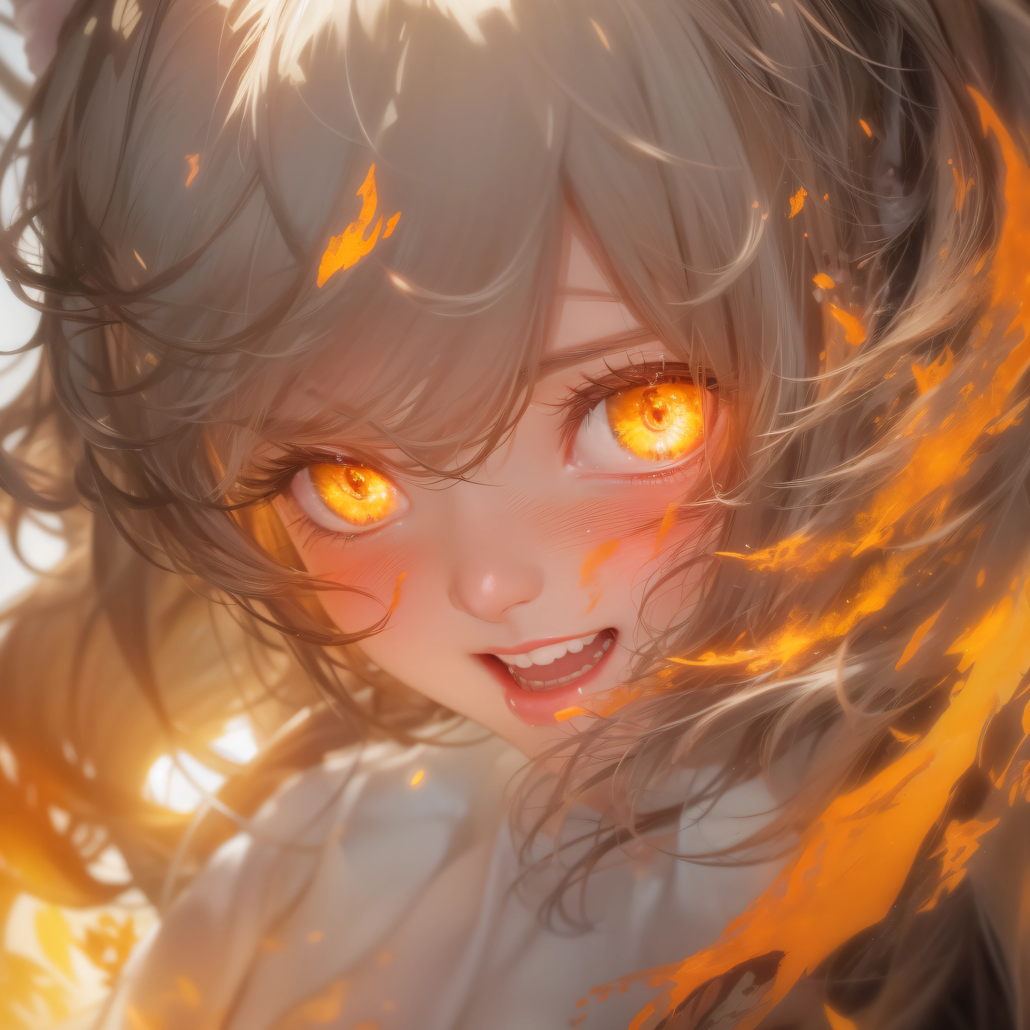 Close up of flame smile with open mouth、(realisitic、hight resolution)、(1 girl in)、Do-Up Eye、Korean Girl、(Best Quality), (masutepiece), (1girl in), Solo, a beauty girl, Perfect face, Big Breast,dreamlikeart、Highly detailed airbrush art((Surreal))、Volumetric lighting、(top-quality)、The ultra-detailliert、(The composition of the movement:1.4)、Highly detailed colorful details、(Bright lighting)、dynamic compositions、Ray traching、The mirror reflects light、Shallow depth of field、ultra-detailliert、mixing  exposure、nffsw、Her eyes shine flames、Staring at the fiery sea。Her flame-colored face is、Full of adventure anticipation and courage.、A smile appears on her flame-colored lips。 At the rear、The sun is slowly tilting to the west。Its light brings a flame-colored light to the surface of the sea、The swaying waves create a beautiful scene。Her eyes are clearly glowing with flames。Lots of flame colors